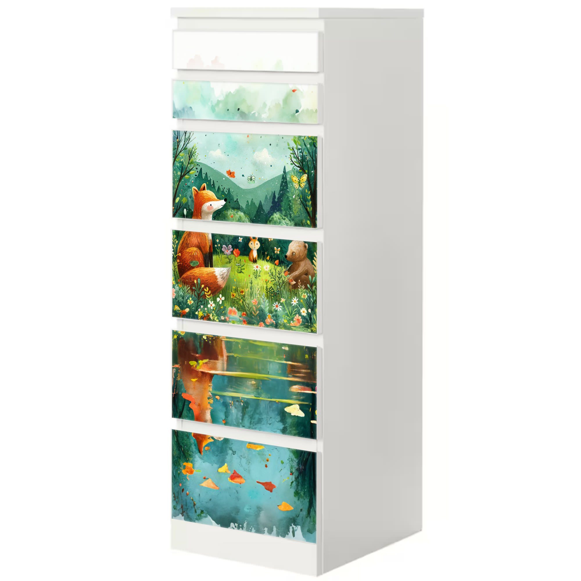 Sunnywall Möbelfolie passend für IKEA Malm Kommode Schrankfolie Aufkleber Waldtiere am See, blasenfreie selbstklebende Folie (SCHRANK NICHT INKLUSIVE)