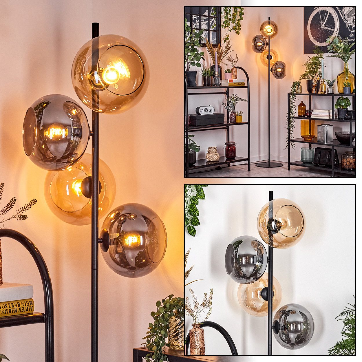 Stehlampe Stehlampe aus Metall/Glas in Schwarz/Bernstein/Rauch mit Fußschalter
