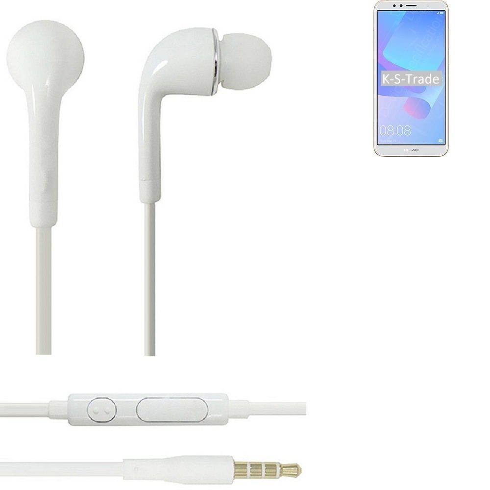 K-S-Trade für Huawei Y6 Prime 2018 In-Ear-Kopfhörer (Kopfhörer Headset mit Mikrofon u Lautstärkeregler weiß 3,5mm)