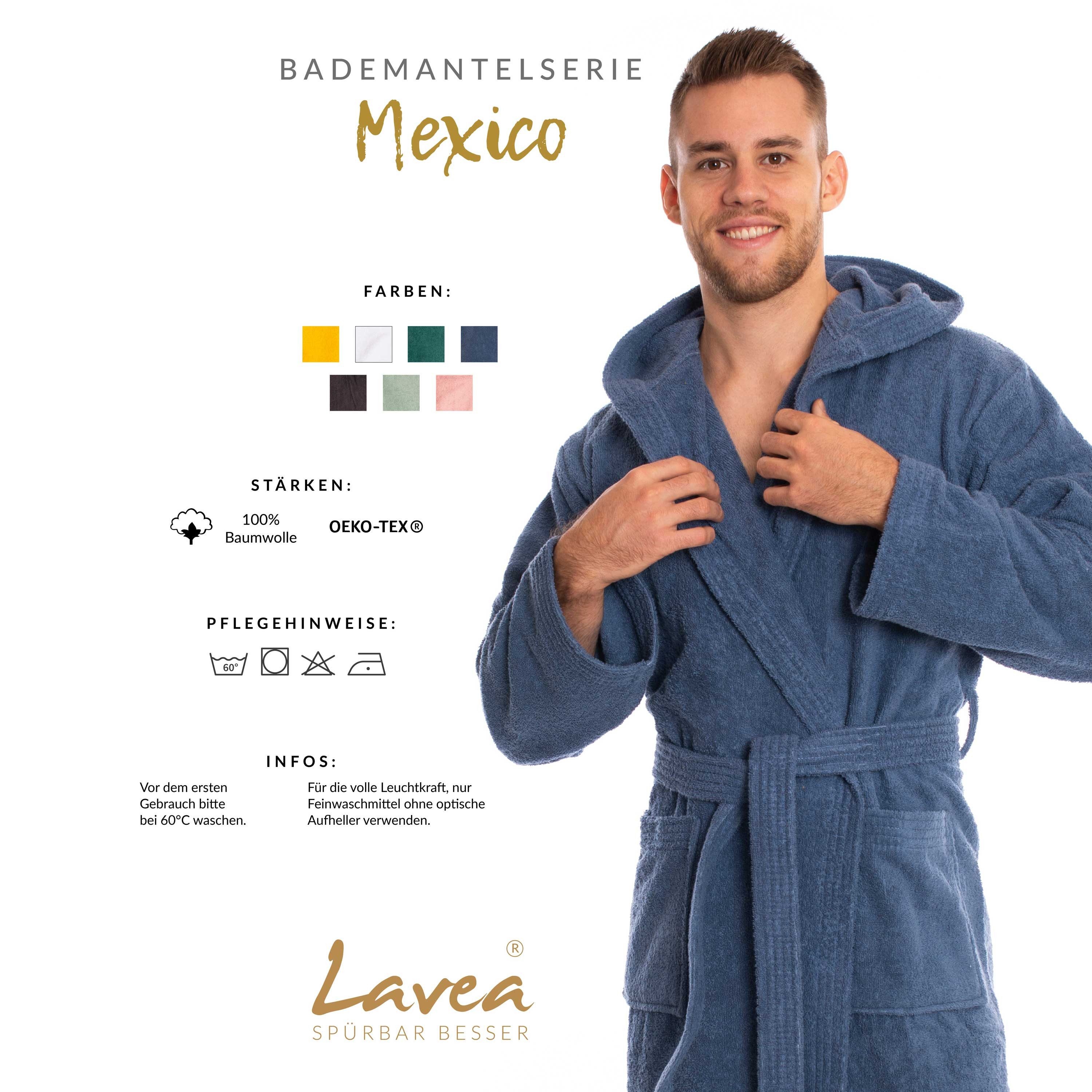 Lavea Bademantel Damen und Herren, Morgenmantel Mexico, Hotelbademantel, Lang, 100% Baumwolle, mit Kapuze, hochwertiger Bindegürtel, Weich & Saugstark - Spa Feeling für Zuhause