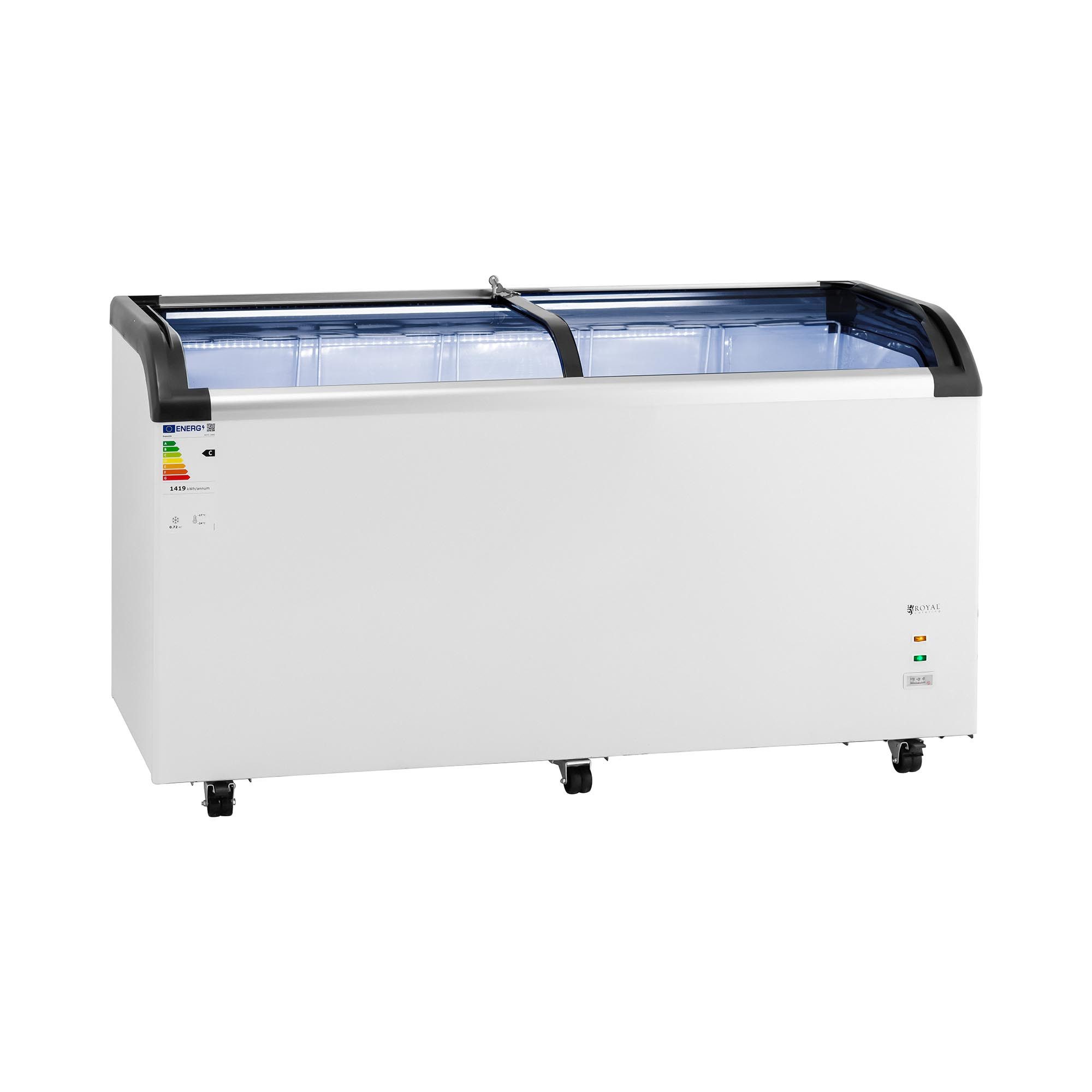 Royal Catering Gefrierschrank RCFZ-248G, 85 cm hoch, 153 cm breit, 445 L Tiefkühltruhe Glastüren 6 Räder Gefriertruhe Tiefkühler Gastro