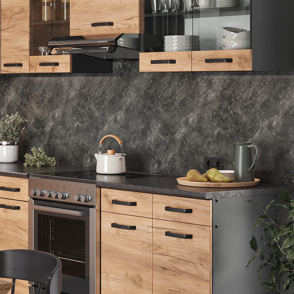 Cuisine d'angle Vicco Rick, anthracite/chêne doré, 267 x 167 cm, plan de travail noir