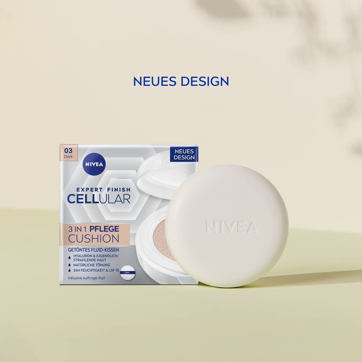 Nivea Foundation CELLULAR EXPERT FINISH 3IN1 CUSHION LSF 15, spendet Feuchtigkeit, ebenmäßigere Haut, mindert Fältchen.