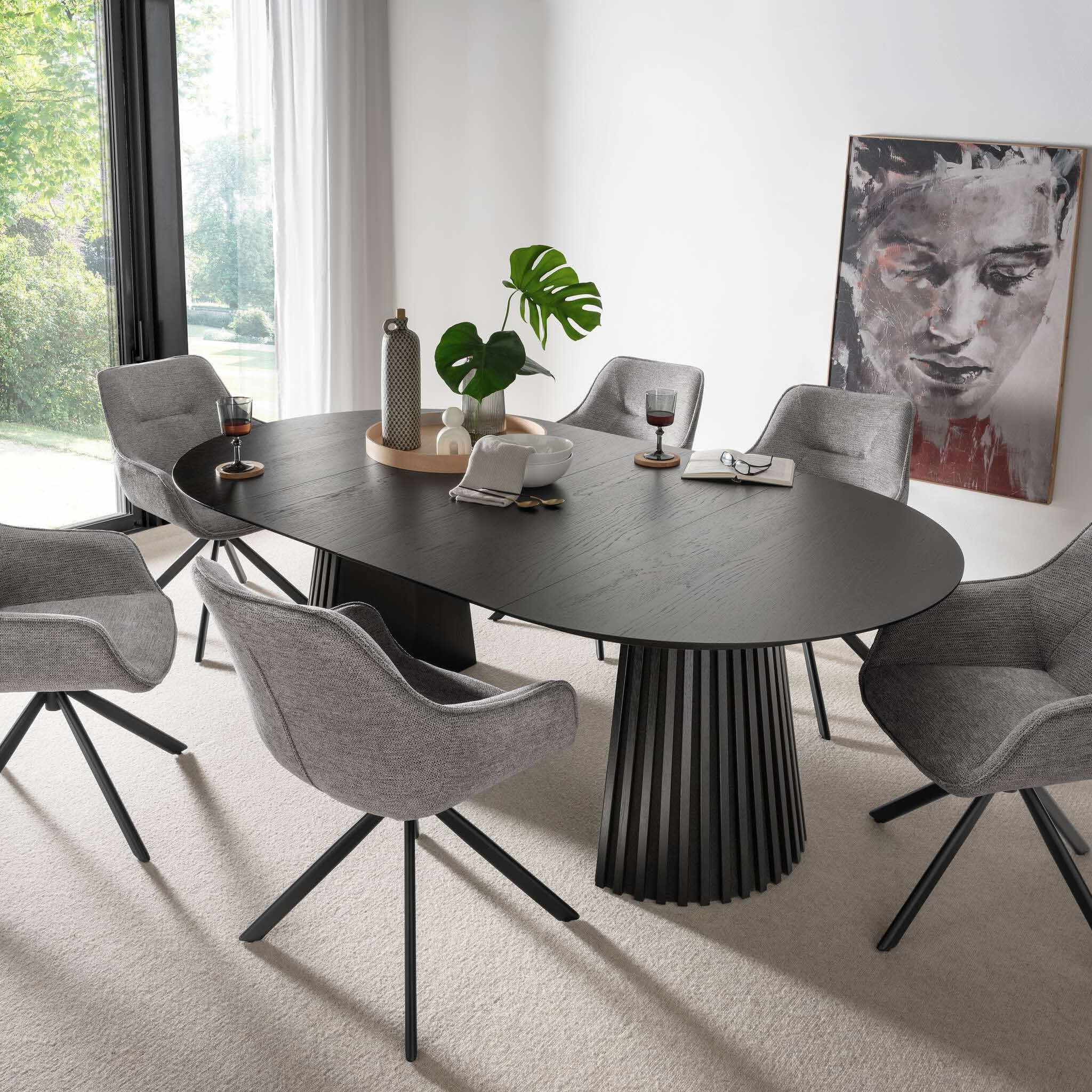 bene living Esszimmer-Set Diningtisch Andria und 6er Set Diningsessel San Carlo hellgrau, (7-teiliges Möbelset mit Esstisch und sechs Sesseln, 7-St., Möbelset, bestehend aus ausziehbarem Esstisch und sechs Sesseln), drehbare Polstersessel & großer Esstisch aus FSC®-Eichenholz