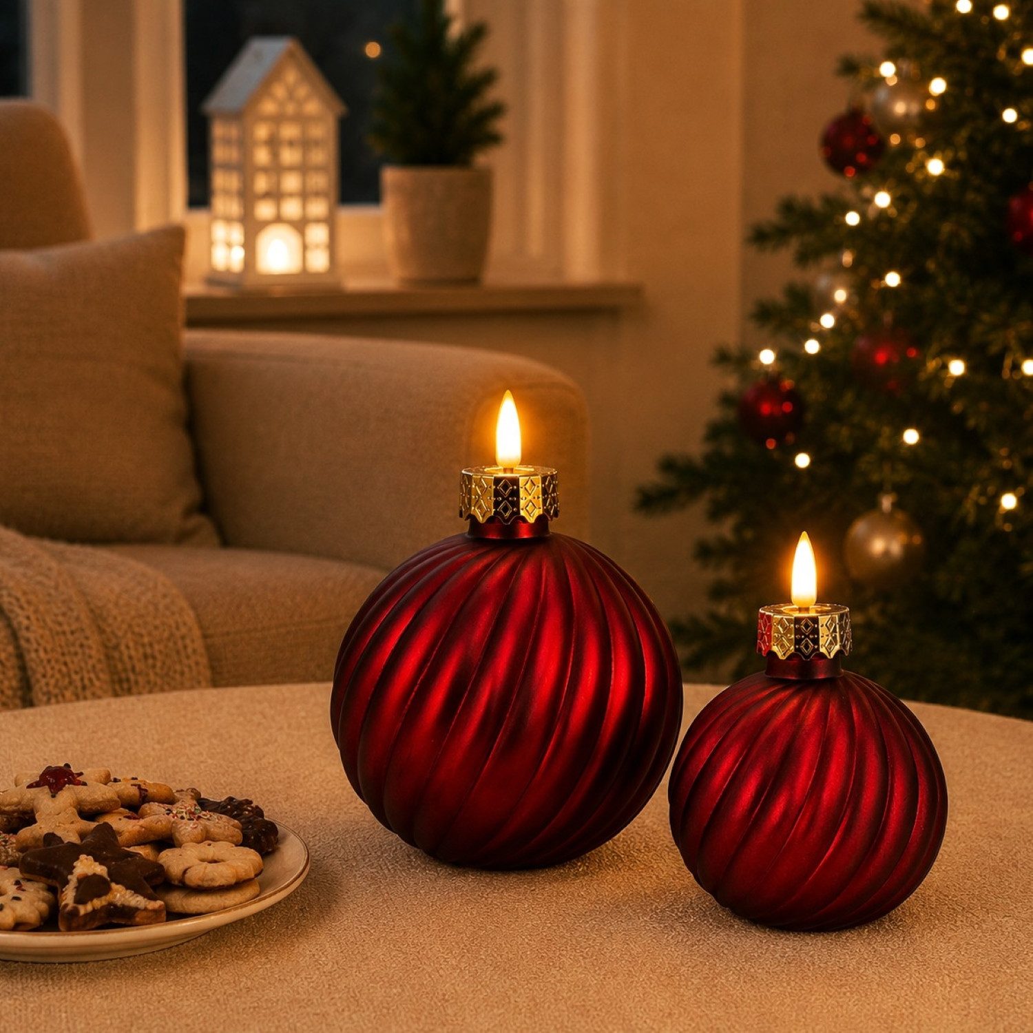 Online-Fuchs LED-Kerze in edler Weihnachtskugelform mit Timer, Bordeaux Rot - Weihnachtsdeko, realistische Kerzenflamme, warmweiße Beleuchtung, gefertigt aus stabilem Glas mit festlicher Eleganz