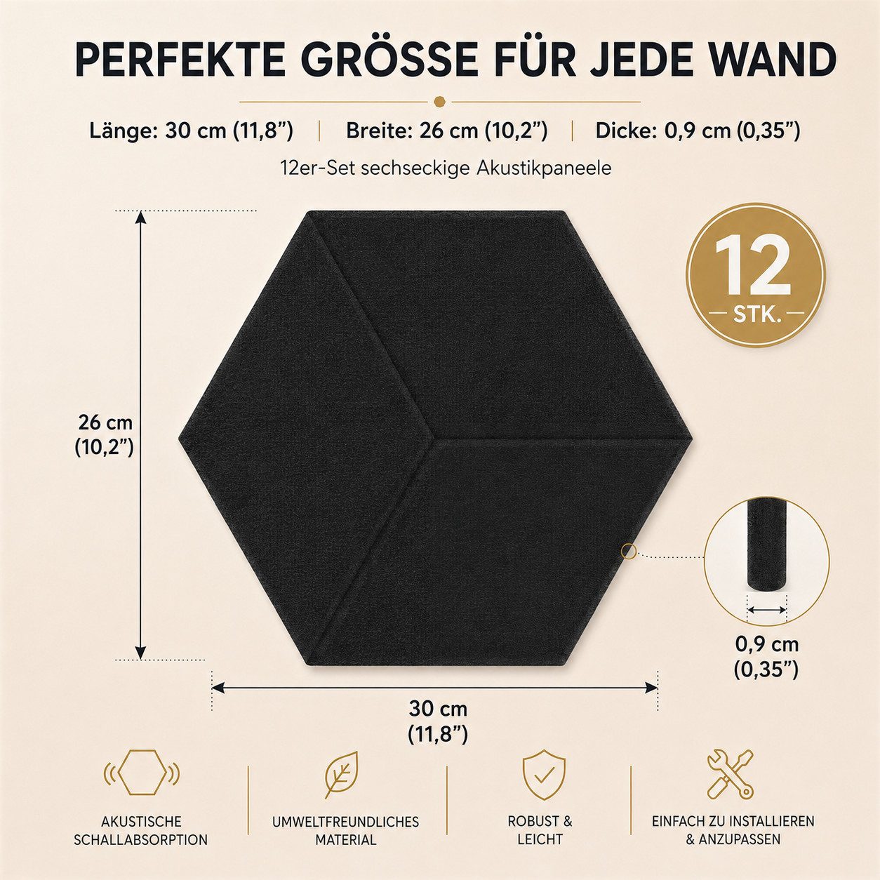 BlingBin Schallschutzpaneel sechseckige Schallschutz Wandpaneele, Akustikpaneele selbstklebend, BxL: 26x30 cm, 0,07 qm, (12er Set, 12-tlg., 300 x 260 mm) 3D Hex – Bild 2 von 5