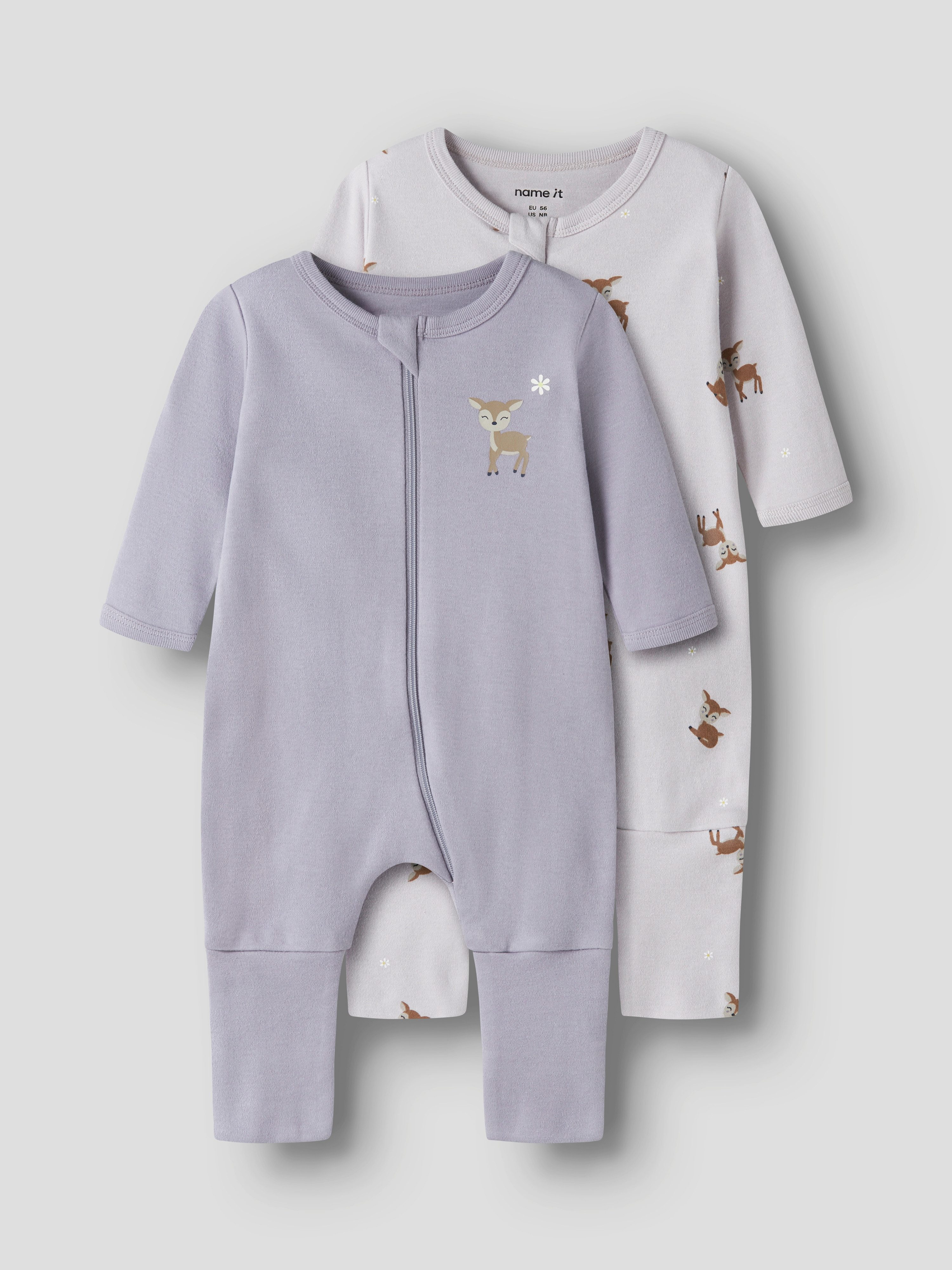 Name It Schlafanzug NBFNIGHTSUIT 2P ZIP FF LILAC DEER NOOS (Packung, 2 tlg) aus Baumwolle, bequeme Passform, mit Reißverschluss und Kinnschutz