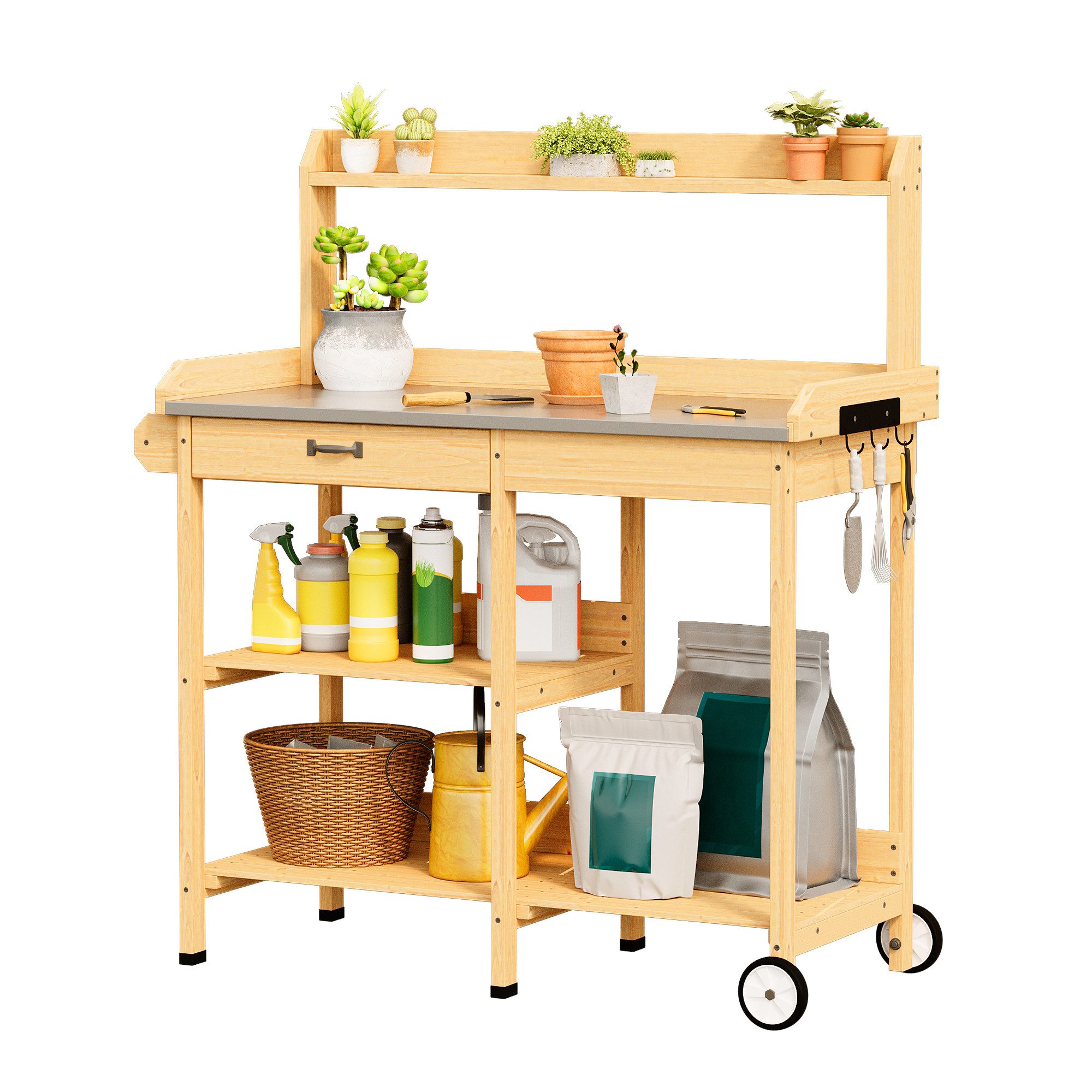 Bealife Garten-Geräteschrank Pflanztisch, Gärtnertisch, Pflanzenregal Mit Rollen, (Set), mit Schubladen, Ablagefläche und Haken,108 x 43 x 120 cm