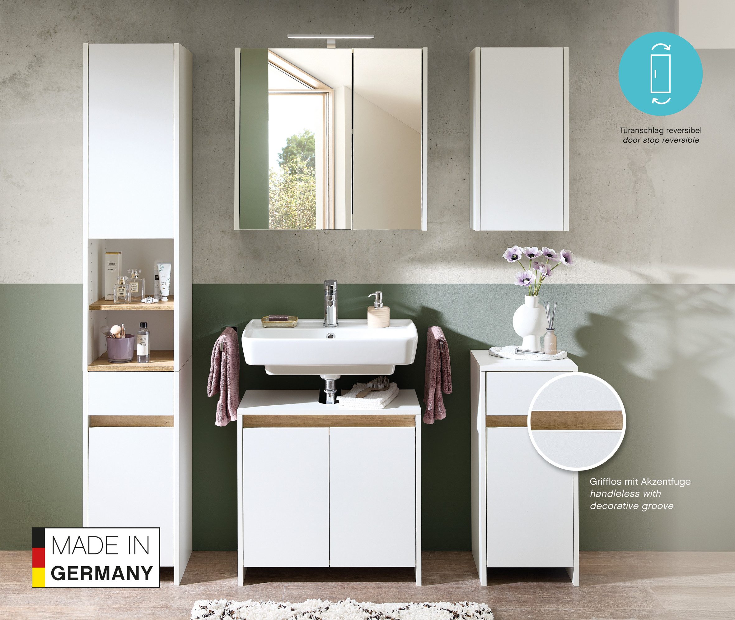 Saphir Waschbeckenunterschrank Quickset 100, 2 Türen, Siphonausschnitt Waschbeckenschrank ohne Griff, 61,6 cm breit, mit Akzentfuge