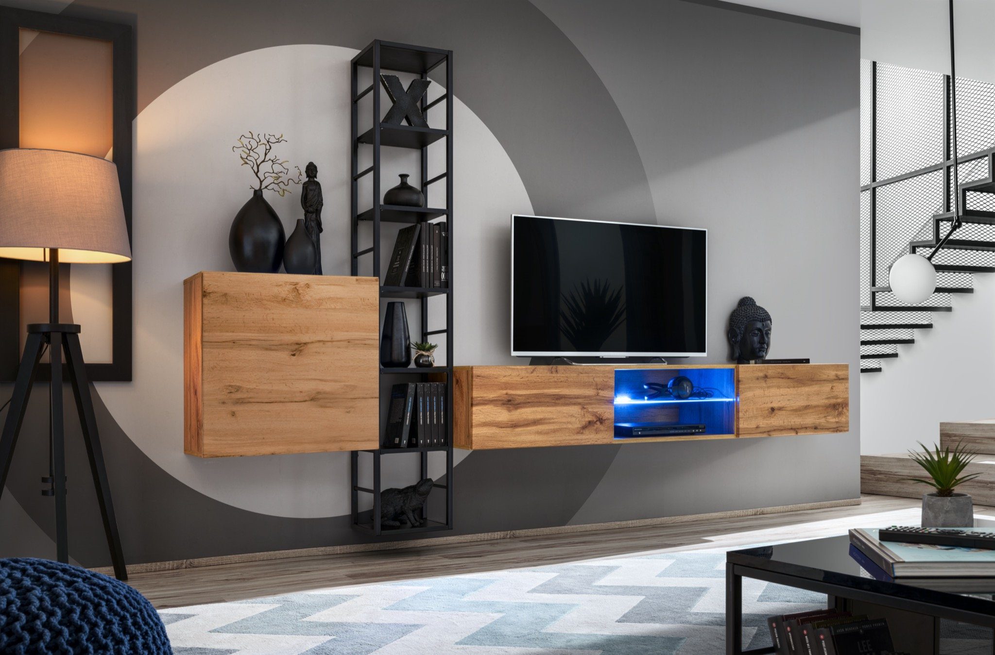 Ständer + JVmoebel Wandregal), Design LED Neu, beleuchtet Luxus TV-Ständer Wohnwand Wandregal (3-St., TV Wohnwand + Braun Wandschrank Wandschrank