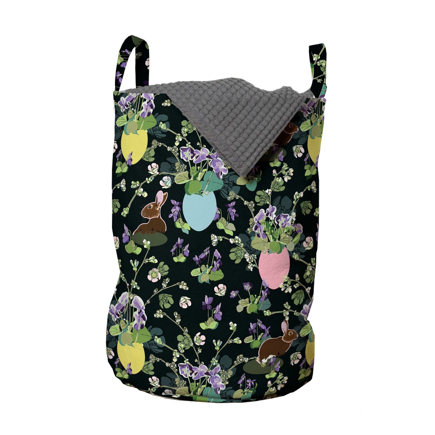 Abakuhaus Wäschesäckchen Wäschekorb mit Griffen Kordelzugverschluss für Waschsalons, Ostern Iris-Blüten-Kaninchen-Häschen