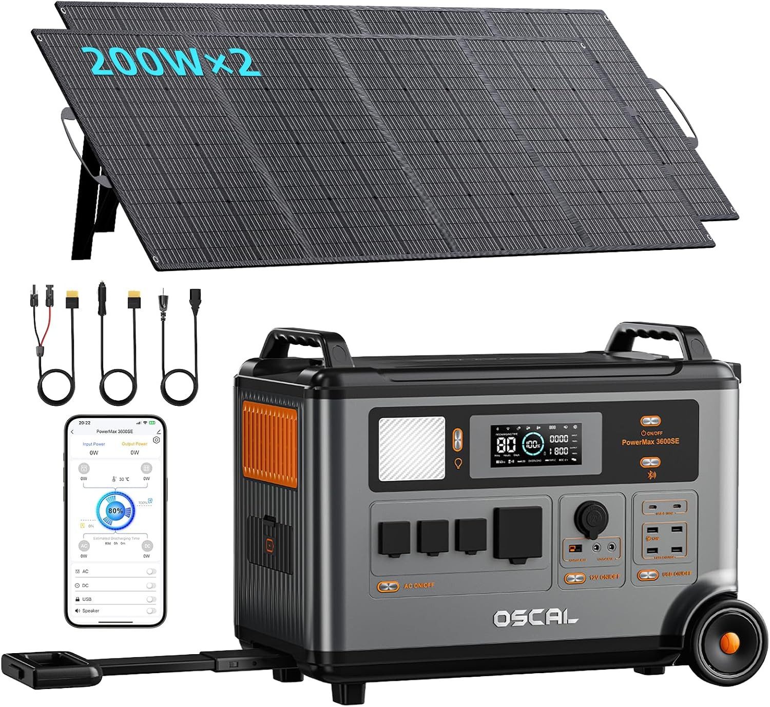 OSCAL Stromerzeuger Tragbare Powerstation, 3600W Dauerleistung (7200W Spitze),3600Wh Akku, 7,2 in kW, (1-tlg., Powerstation), Mit 2*200w Solarpanel Solargenerator für Camping,Wohnmobile & Notfälle