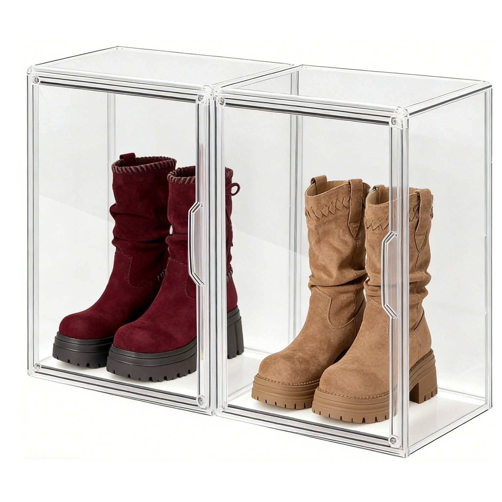 XIIW Vitrine Acryl Schaukasten Organizer Transparent Stapelbar Aufbewahrungsbox (Set, 2er Set, 40 × 25 × 30 cm) Displaybox mit Magnettür für Taschen, Schuhe & Accessoires