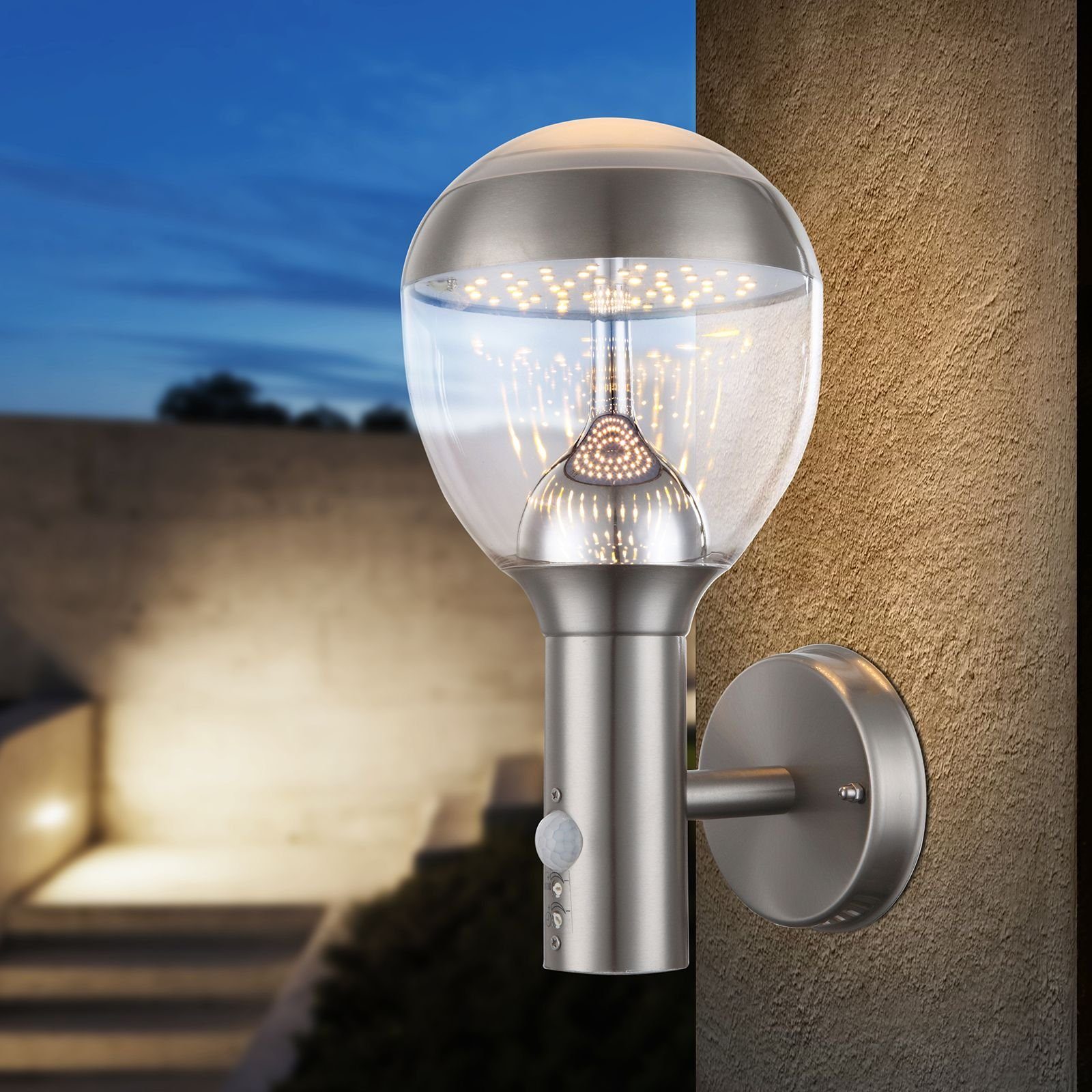 Warmweiß, Globo Edelstahl spritzwassergeschützt integriert, (IP44), fest Außen, Außen-Lampe Bewegungsmelder Wandlampe, Leuchte Außenwandleuchte, Außenlampe, Außenleuchte, Außenwandleuchte Außen-Leuchte, aussen, Außen-Wandleuchte LED GLOBO 34250S, LED Wandleuchte
