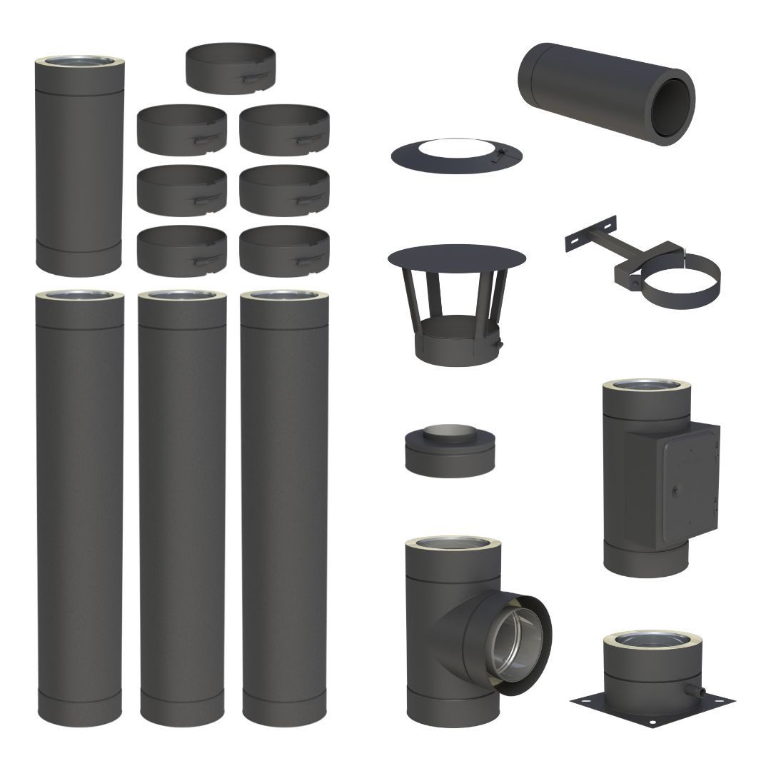 Jeremias Schornstein 4, 3 m Schornstein Ø130mm Komplettset DW DW-Black Bodenmontage, Ø 130 mm