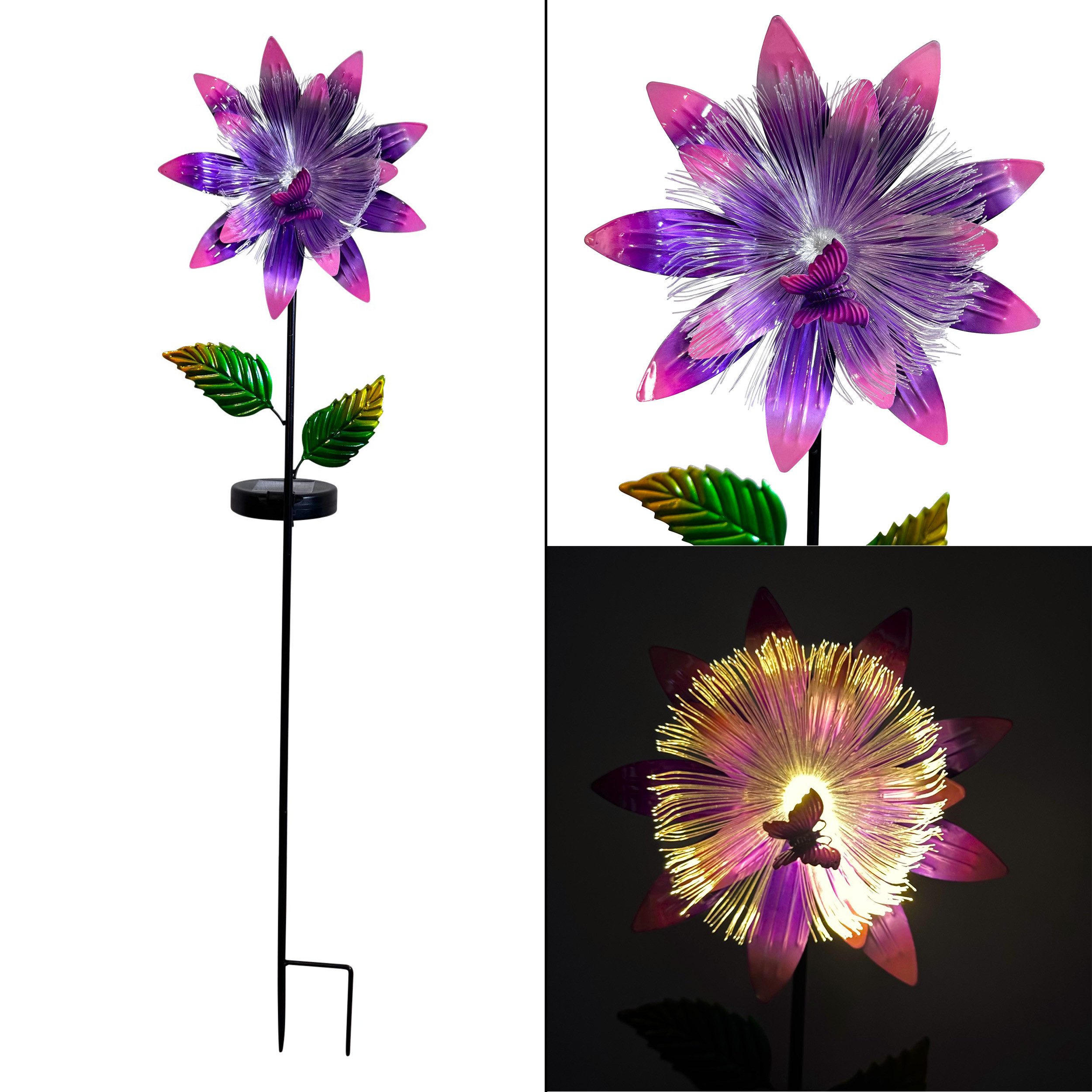 Online-Fuchs Gartenstecker bunte Blumeblüte aus Metall mit LED-Solarbeleuchtung - Beetstecker (beeindruckende Blumenblüte mit Schmetterling, 90 cm groß) Dekoration für Garten, Balkon und Terrasse