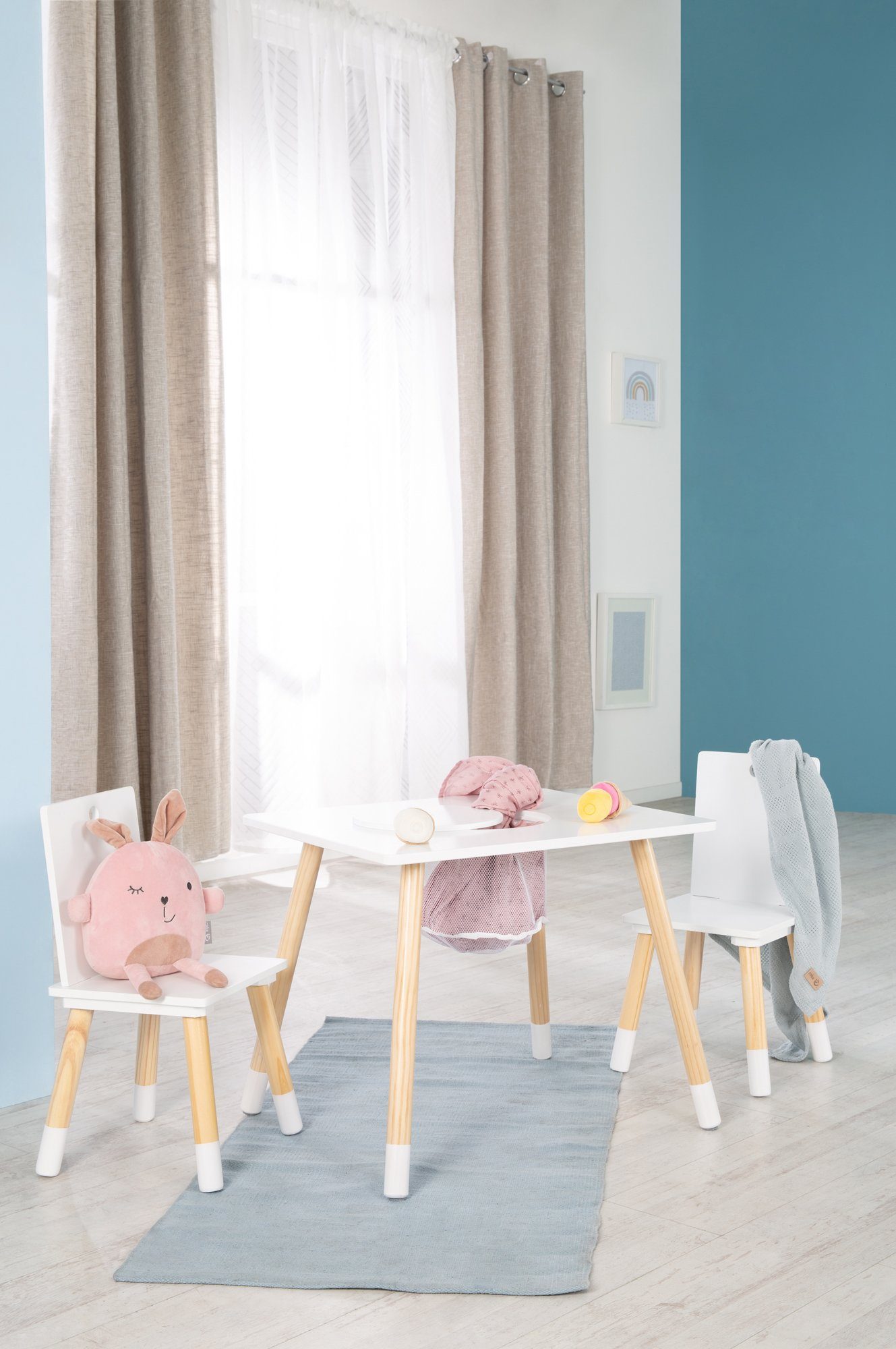 roba® Kindersitzgruppe mit Holz weiß, aus Sitzgruppe Aufbewahrungsnetz