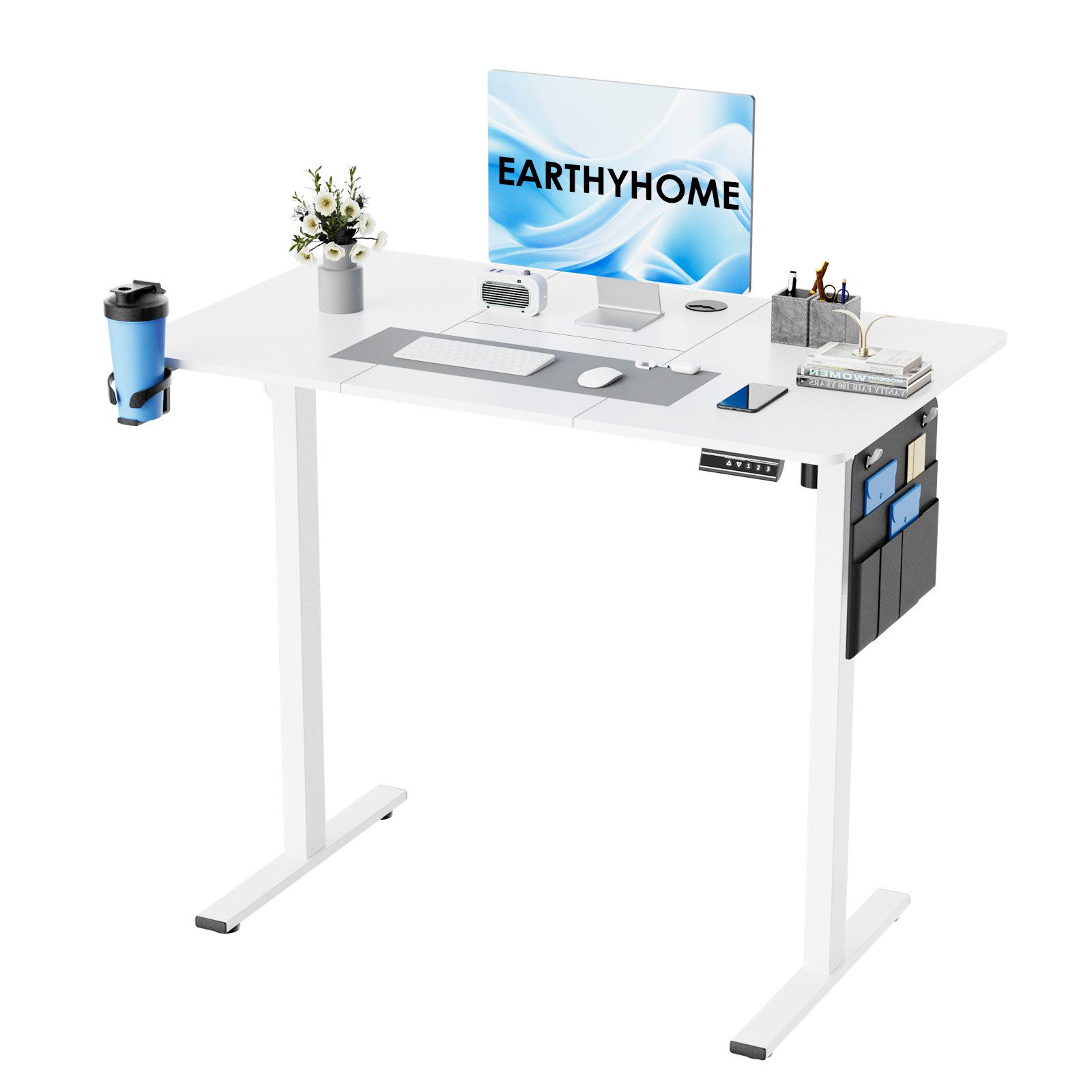 Earthyhome Schreibtisch Elektrisch höhenverstellbar mit 3-Funktions-Memory, mit Kabelmanagement und Haken, Intelligenter Kollisionsschutz