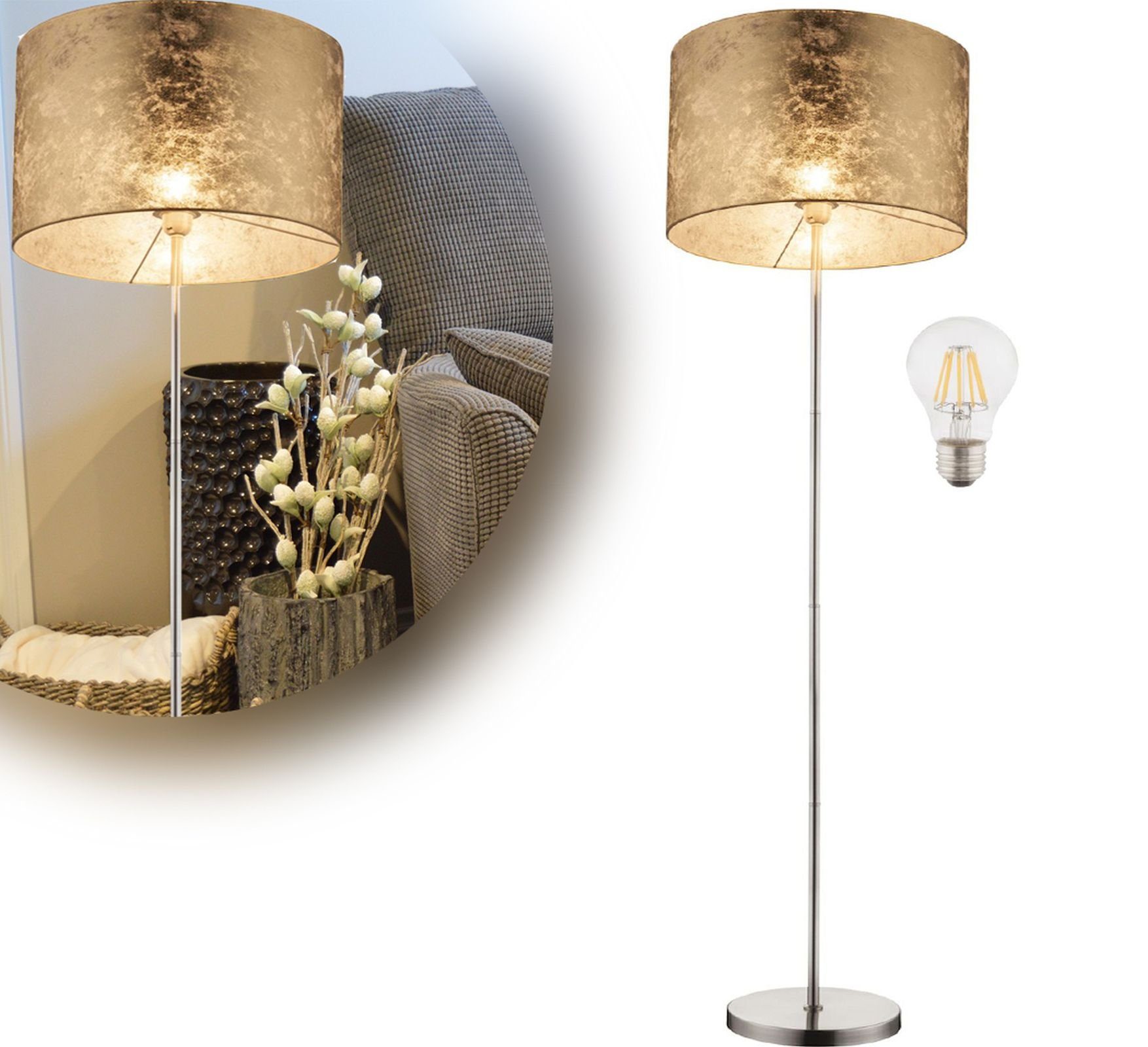 bmf-versand Stehlampe Stehlampe Wohnzimmer Stehleuchte LED Leselampe Textil Schirm Gold, mit Schalter, modern, LED wechselbar, Lichtfarbe ist abhängig vom Leuchtmittel, Leseleuchte, Schlafzimmer, Esszimmer, Küche, Flur