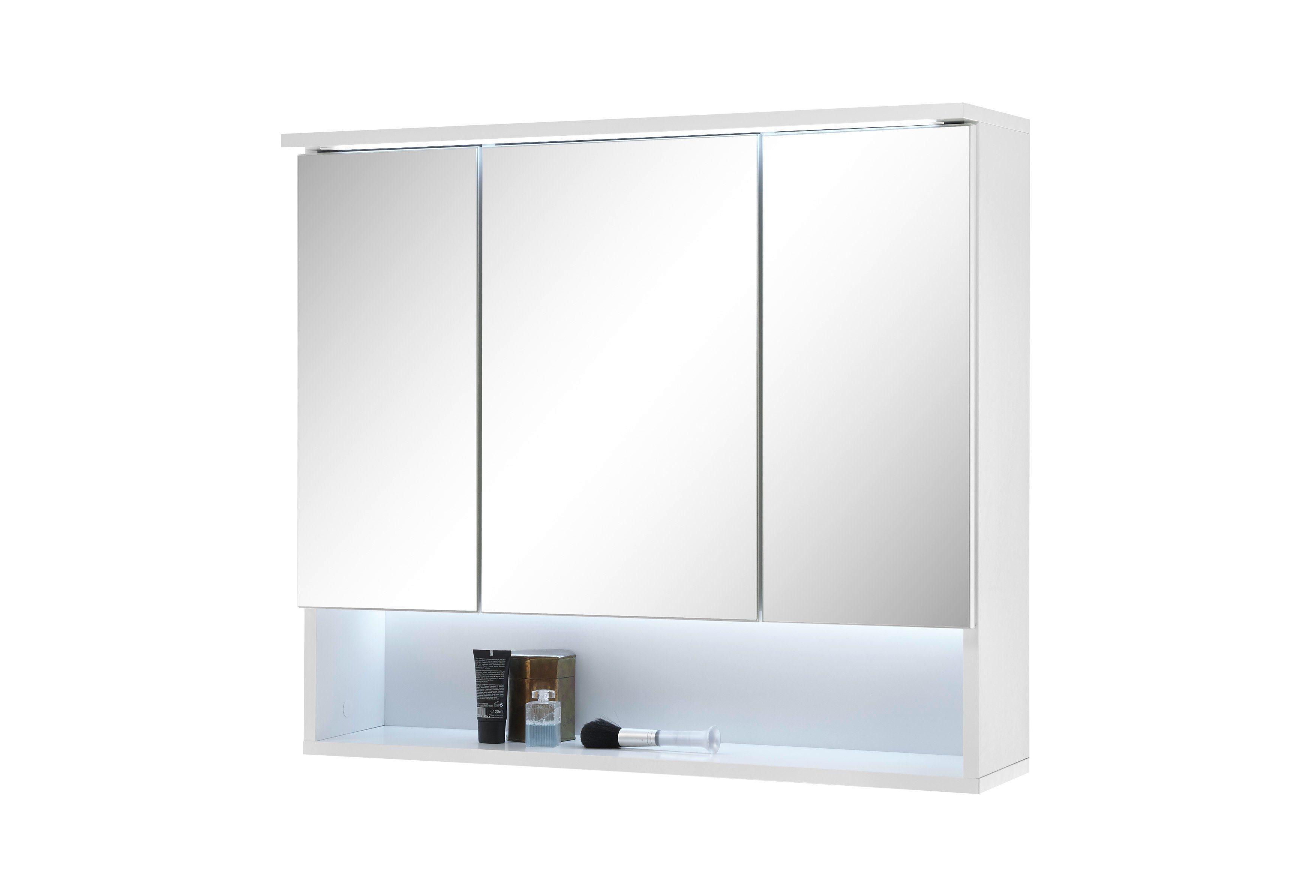 möbelando Spiegelschrank Bella Spiegelschrank aus Spanplatte und Spiegelglas in Weiß mit 3 Spiegeltüren, 3 Einlegeböden, inkl. LED-Beleuchtung, Breite 80 cm, Höhe 70 cm, Tiefe 21 cm