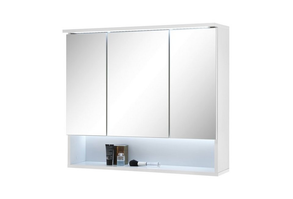 3 cm, cm Tiefe Spiegelglas mit Einlegeböden, 80 inkl. Spiegelschrank 70 Spiegelschrank in Höhe möbelando 21 Spiegeltüren, 3 Beleuchtung, LED- cm, aus Breite Spanplatte Bella Weiß und