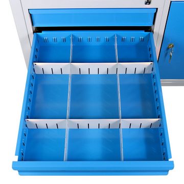 PROREGAL® Werkbank Werkbank Rhino mit Ablagefläche + 3 Schubladen + Regalteil, Grau/Blau