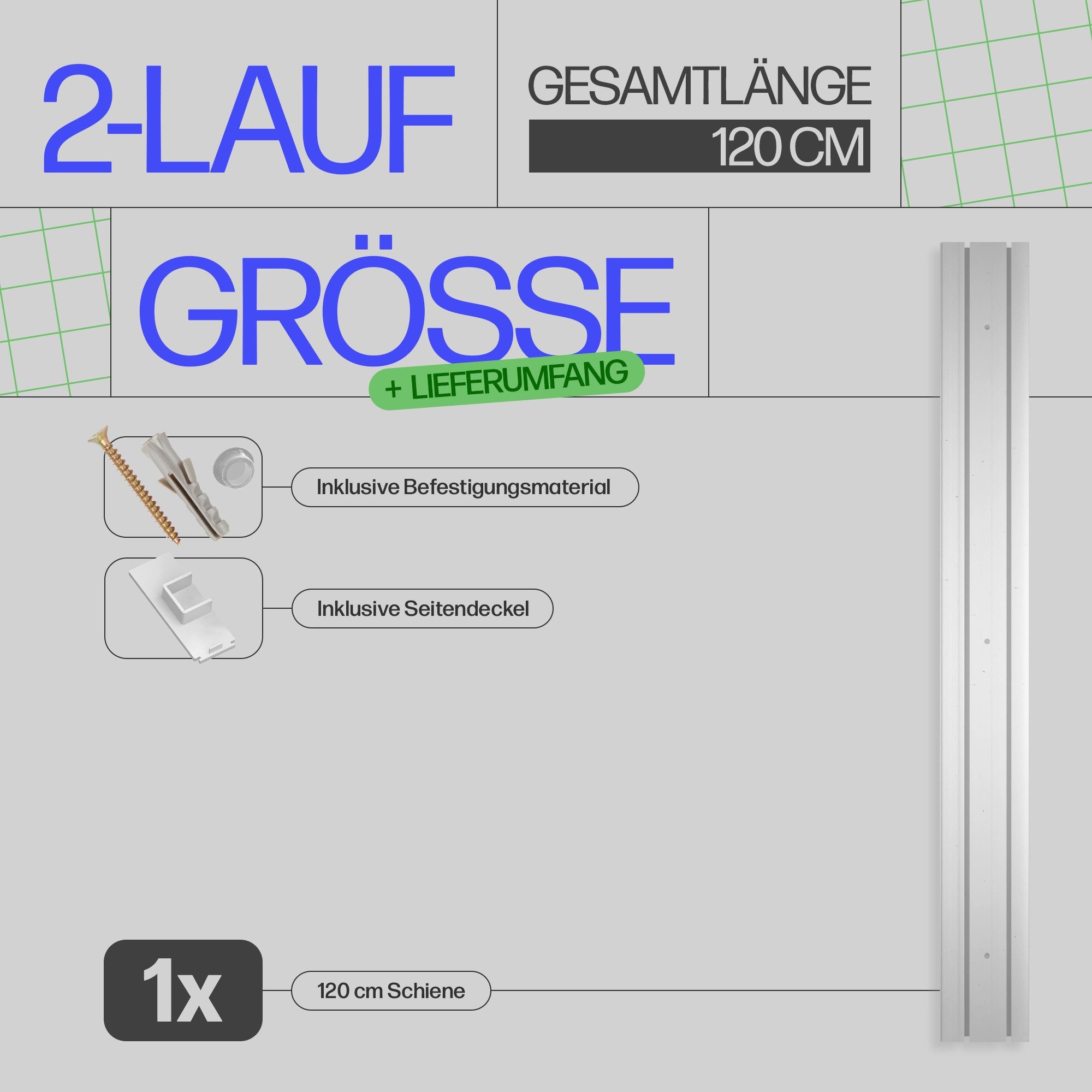 Bestlivings Gardinenschiene Komplettset 90-480 cm, 2-läufig, 120 cm, mit Bohren, verschraubt, Kunststoff, flach, weiß, inkl. Befestigungsset