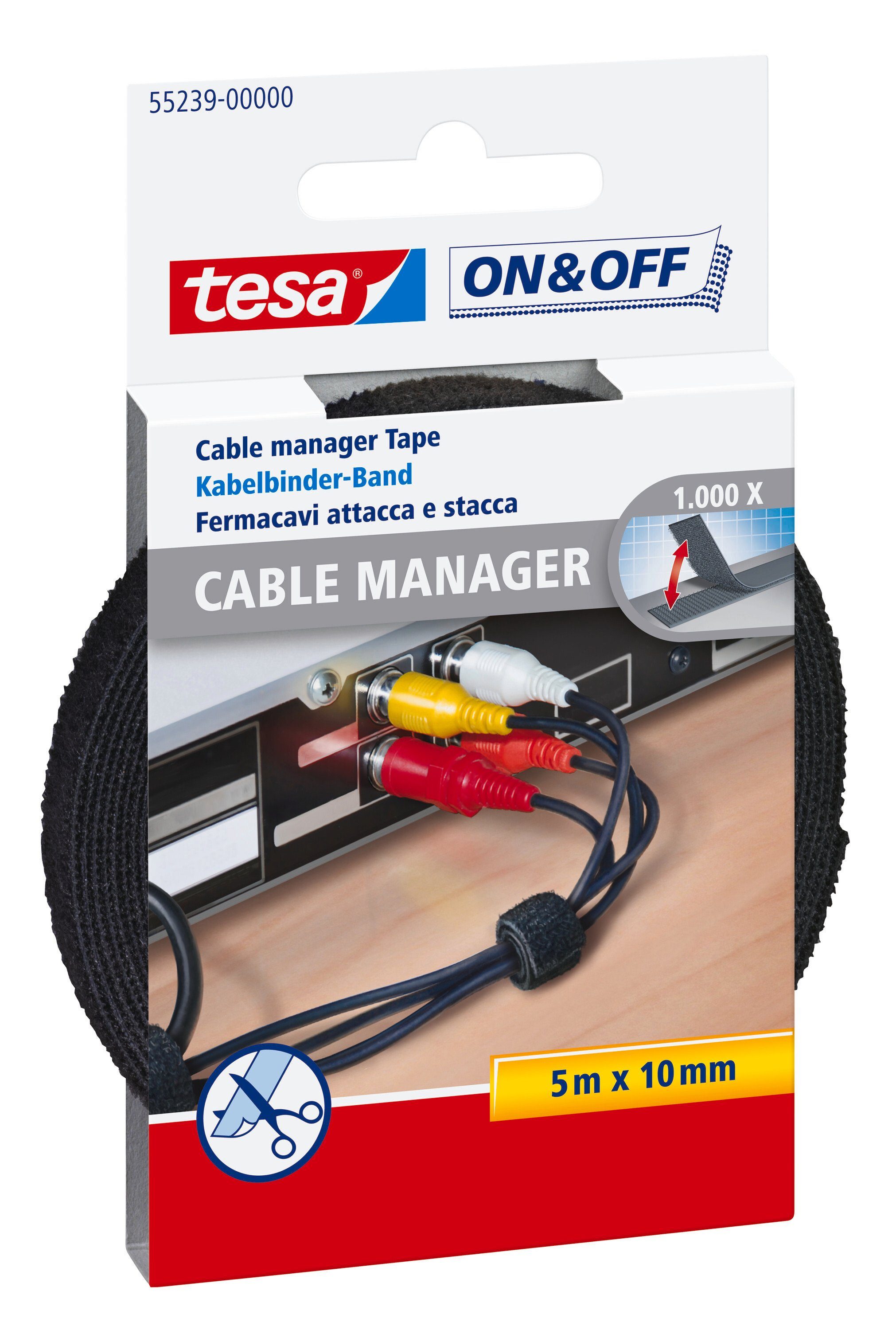 tesa Klett-Klebeband ON & OFF Klett Kabelbinder Universal (Packung) Klett-Kabelbinder zur Kabelaufbewahrung - zuschneidbar - 10 mm x 5 m