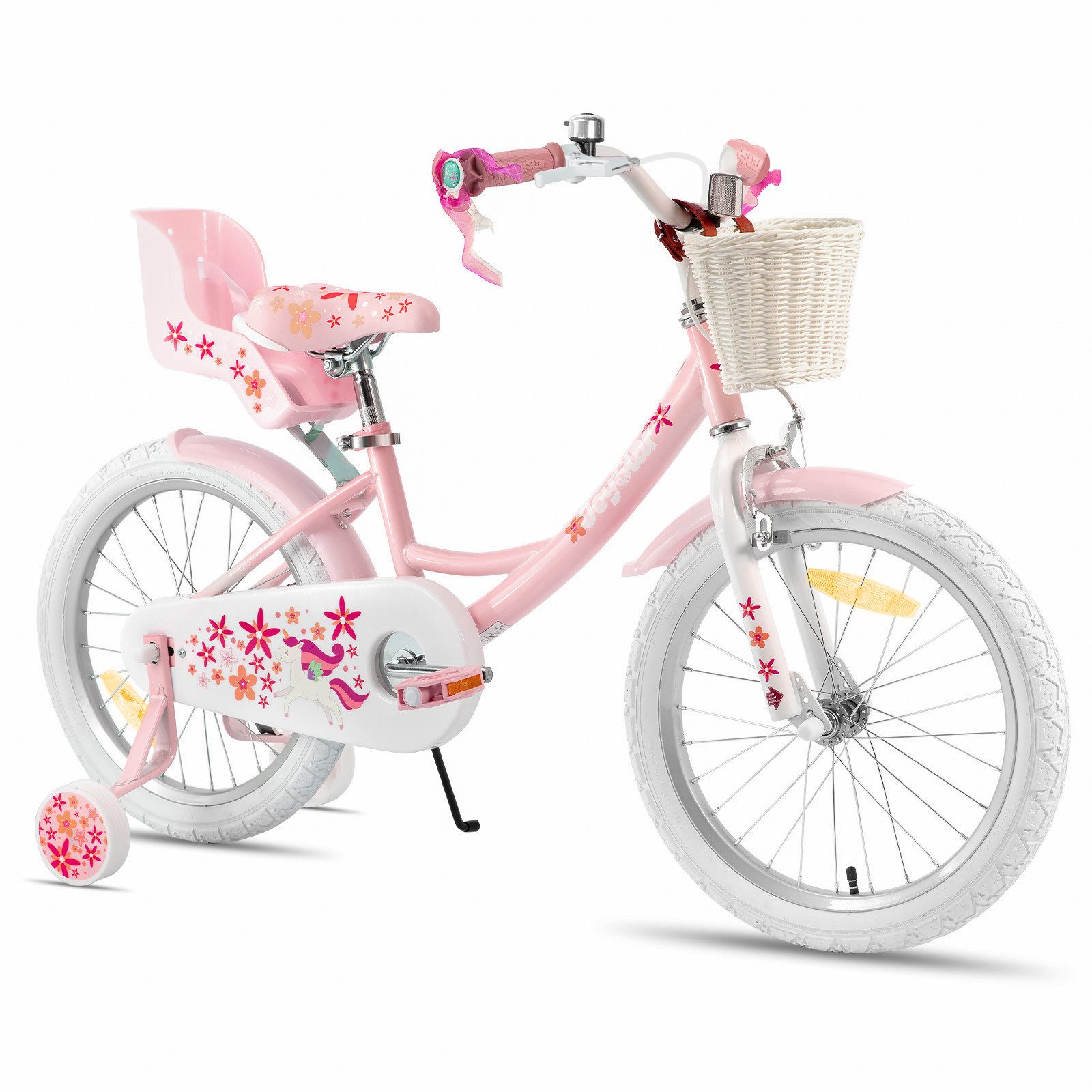 JOYSTAR Kinderfahrrad 12 14 16 18 Zoll Mädchenfahrrad, 2-9 Jahre, Geschenk für Prinzessin, 1 Gang, Puppenradsitz & Stützrädern& Korbstreamer, 18 Zoll mit Stützrädern