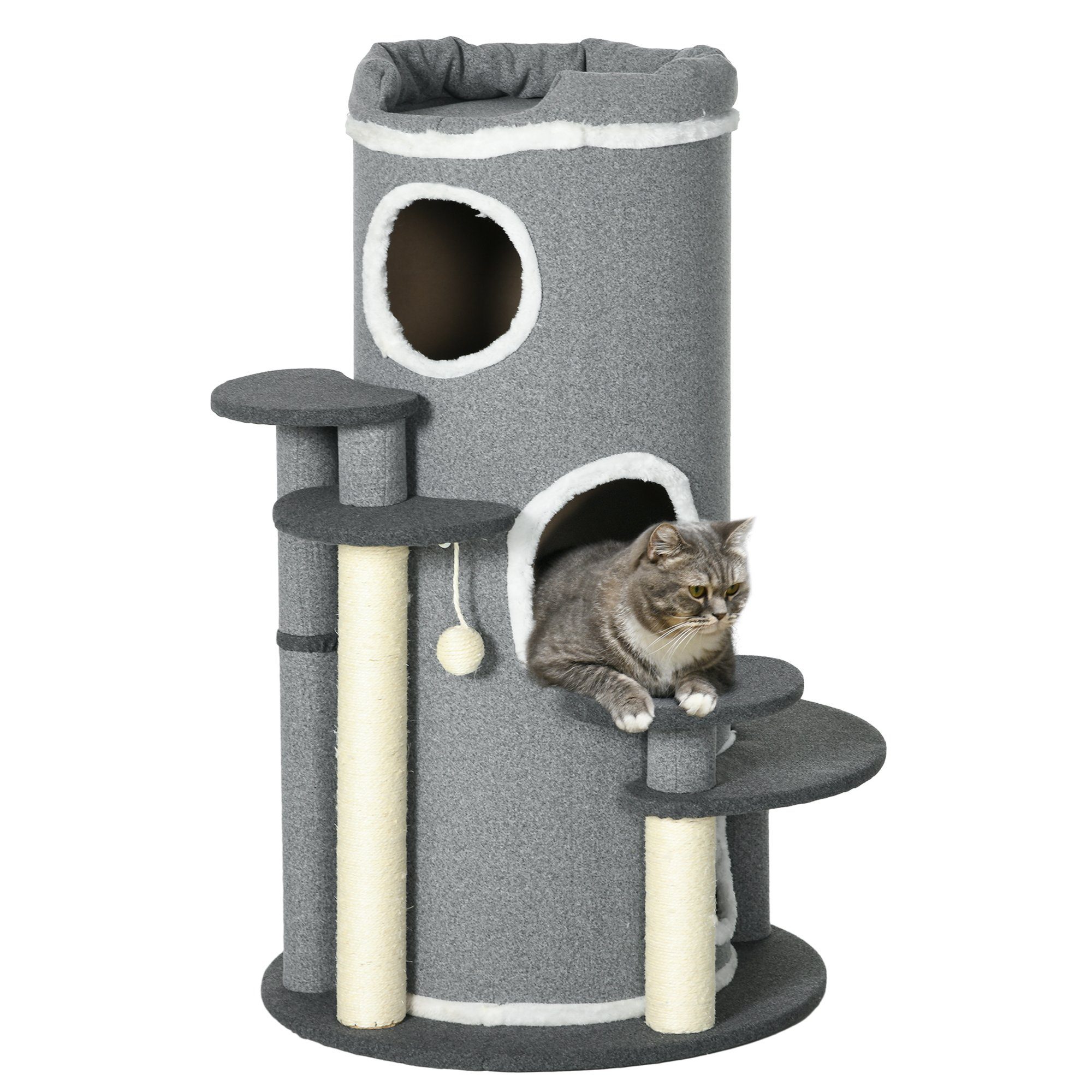 Kratzbaum Kratztonne Katzenbaum mit Katzenbett, Kletterbaum mit Spielball, Grau