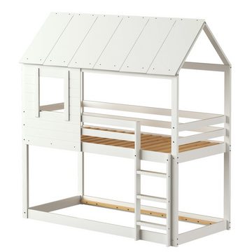 Celya Kinderbett Holz Etagenbett Hausbett 90x200 cm, Kinder Bett mit Dach, Leiter und Lattenrost Eichenfarbe