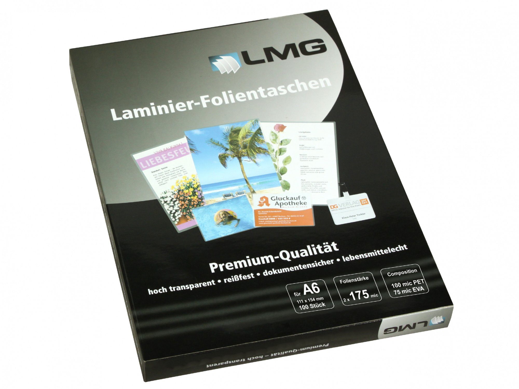 LMG Germany Laminierfolie LMG Laminierfolien A6 (111 x 154 mm), 2 x 175 mic, glänzend, 175 µm, glänzend, 100 St., hohe Qualität, blasenfreie Laminierung, Digitaldruck, Outdoor