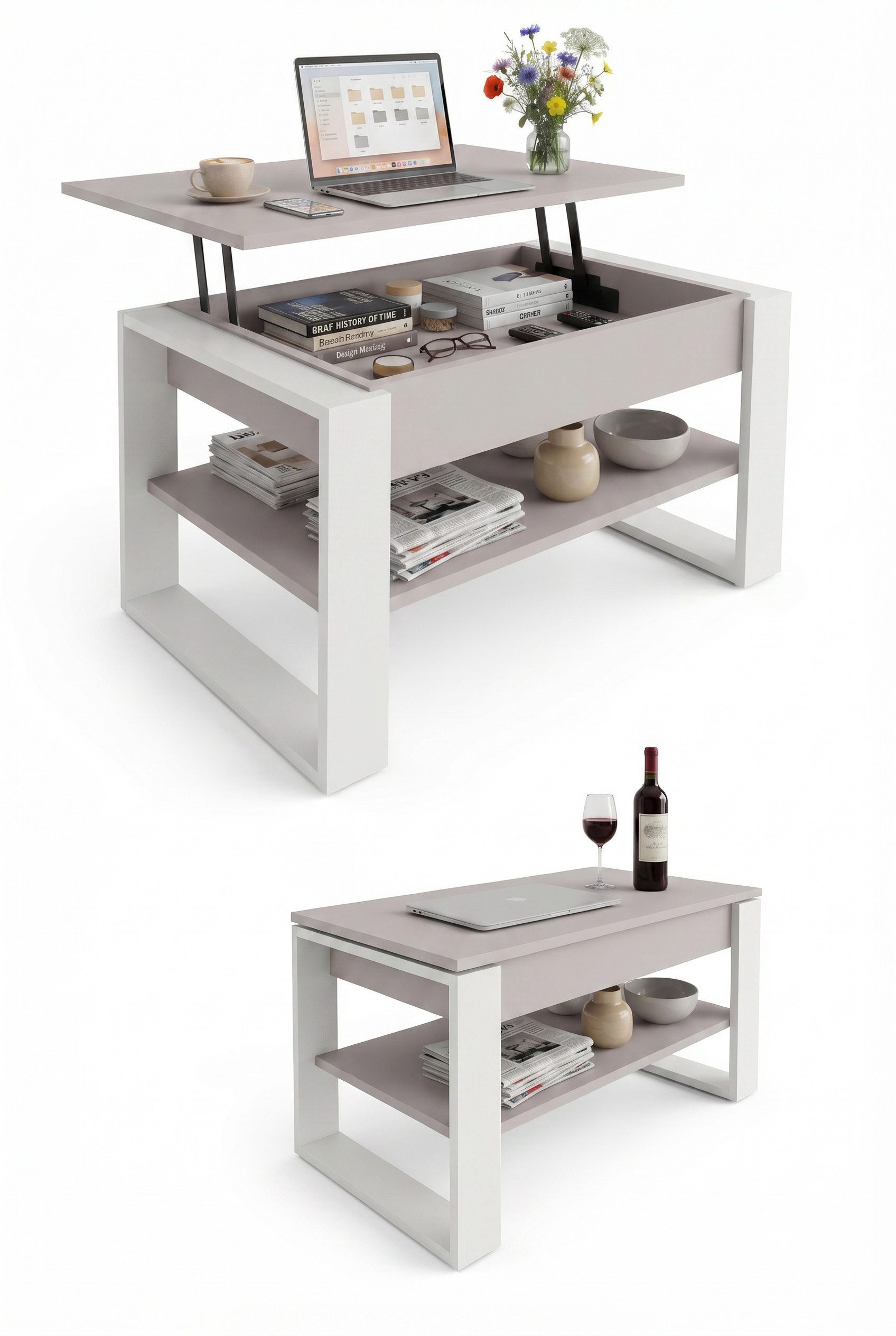 TREND WERK Couchtisch Lift-Couchtisch höhenverstellbar Sofatisch 92×55 cm mit Stauraum (verstecktem Fach Wohnzimmertisch Holz modern) – Bild 4 von 5