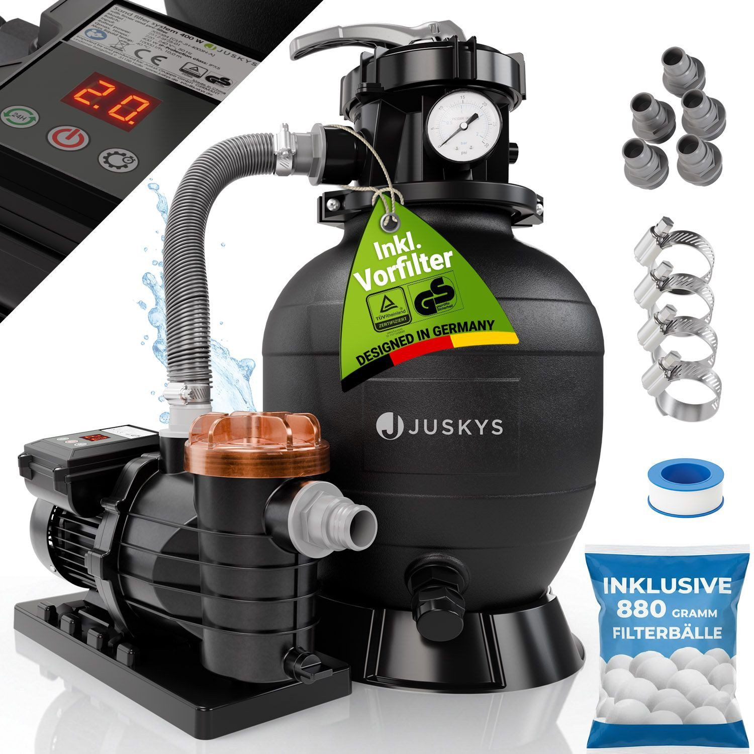 Juskys Sandfilteranlage, Timer-Funktion & 7-Wege-Ventil und Filterbälle, inkl. Pre-Filter