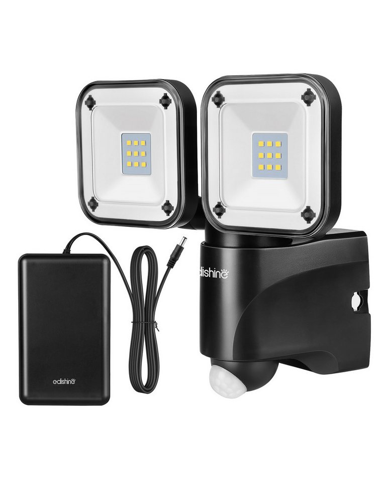 EDISHINE LED Wandstrahler mit Bewegungsmelder Außen, Batterie Strahler, LED fest integriert, LED-Strahler mit 2 Lampenköpfen, Schwenkbar