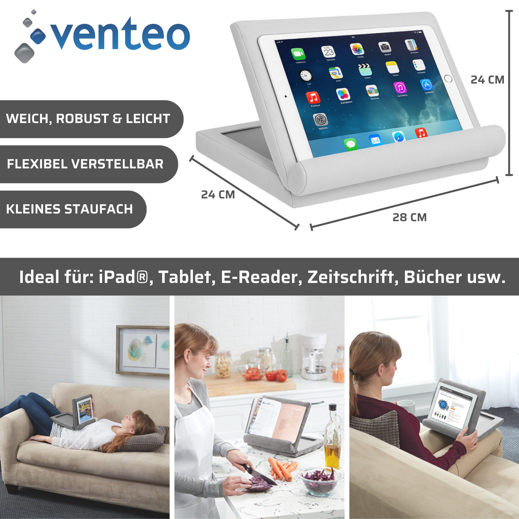 Venteo Buchkissen Pillow Pad, Spar Set, 1-tlg., 1er oder 2er Pack, Lesekissen & Tablet Kissen, klappbar, mehreren Winkeln