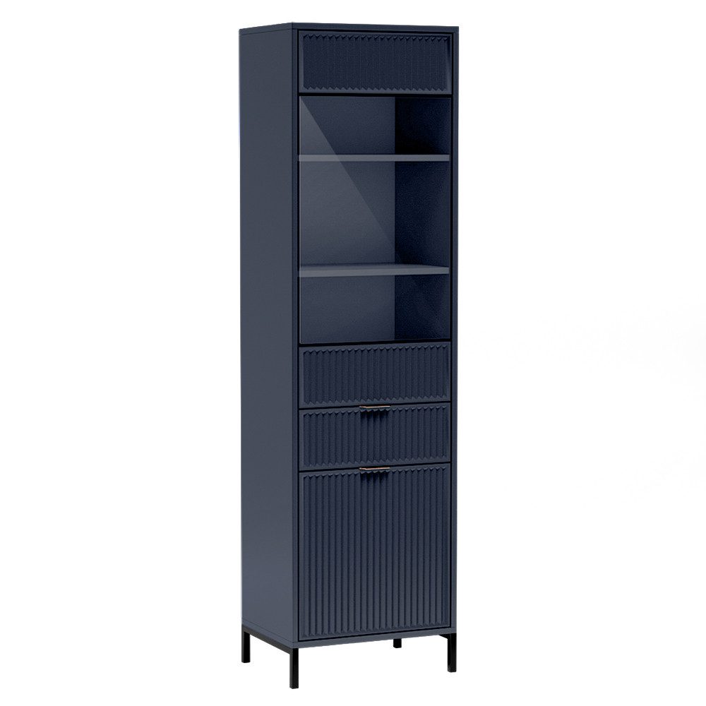 Lomadox Vitrine LAURO-161 Vitrinenschrank Wohnzimmer Indigo blau Rillen B/H/T 55/196/41 cm