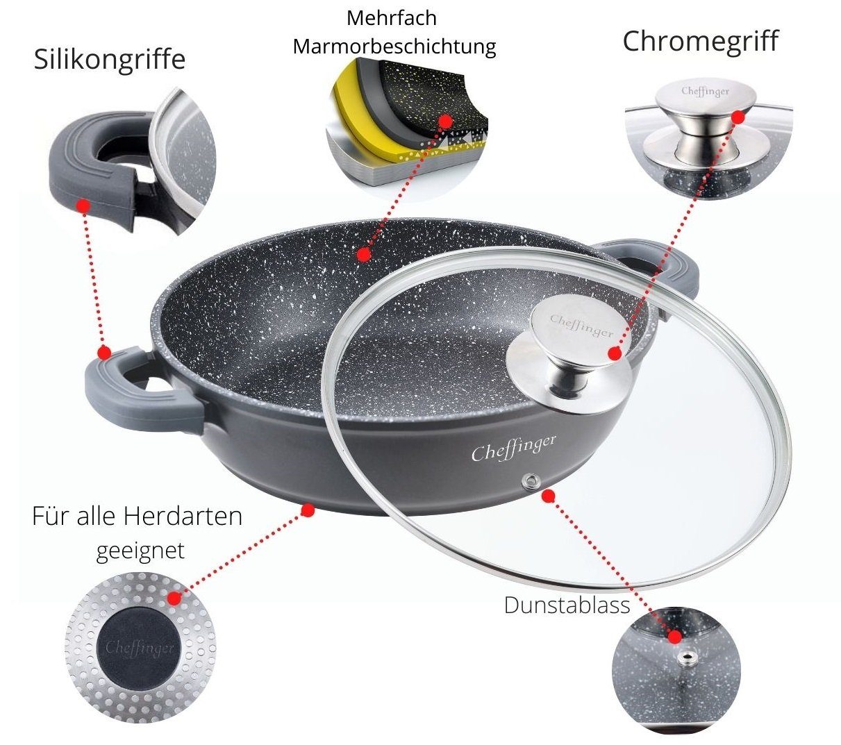 Cheffinger Schmorpfanne Servierpfanne Schmorpfanne Kochtopf Deckel Induktion Ø28cm – Bild 5 von 5
