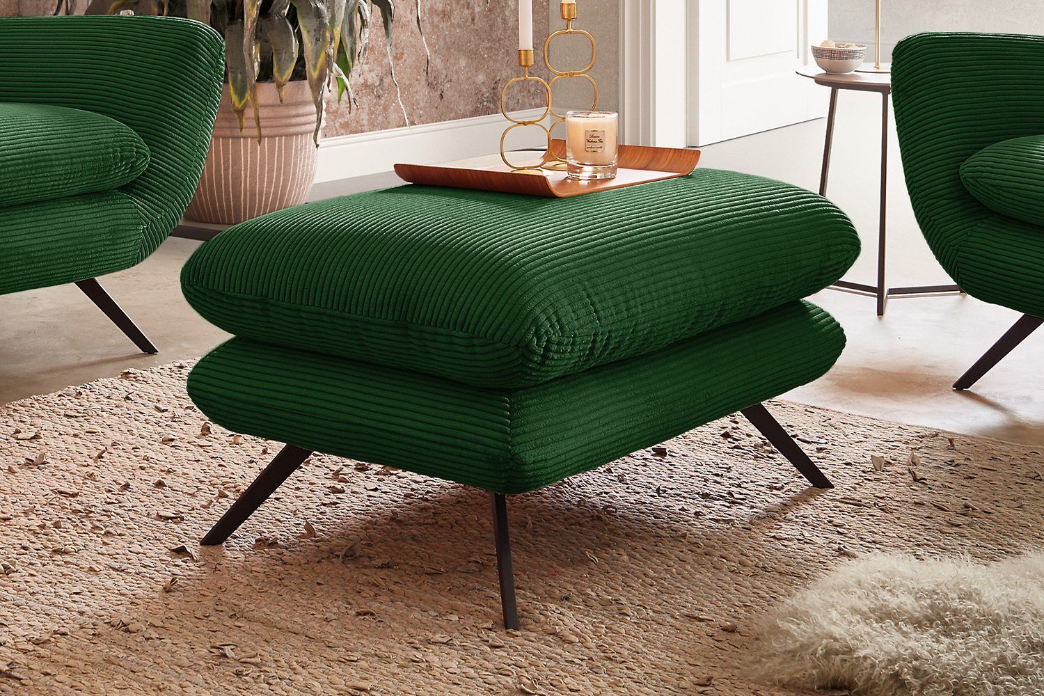 (Set, Sofa Hockerbank Cord 3-tlg), Farben CHARME, versch. smaragd KAWOLA Sitzgruppe Sessel