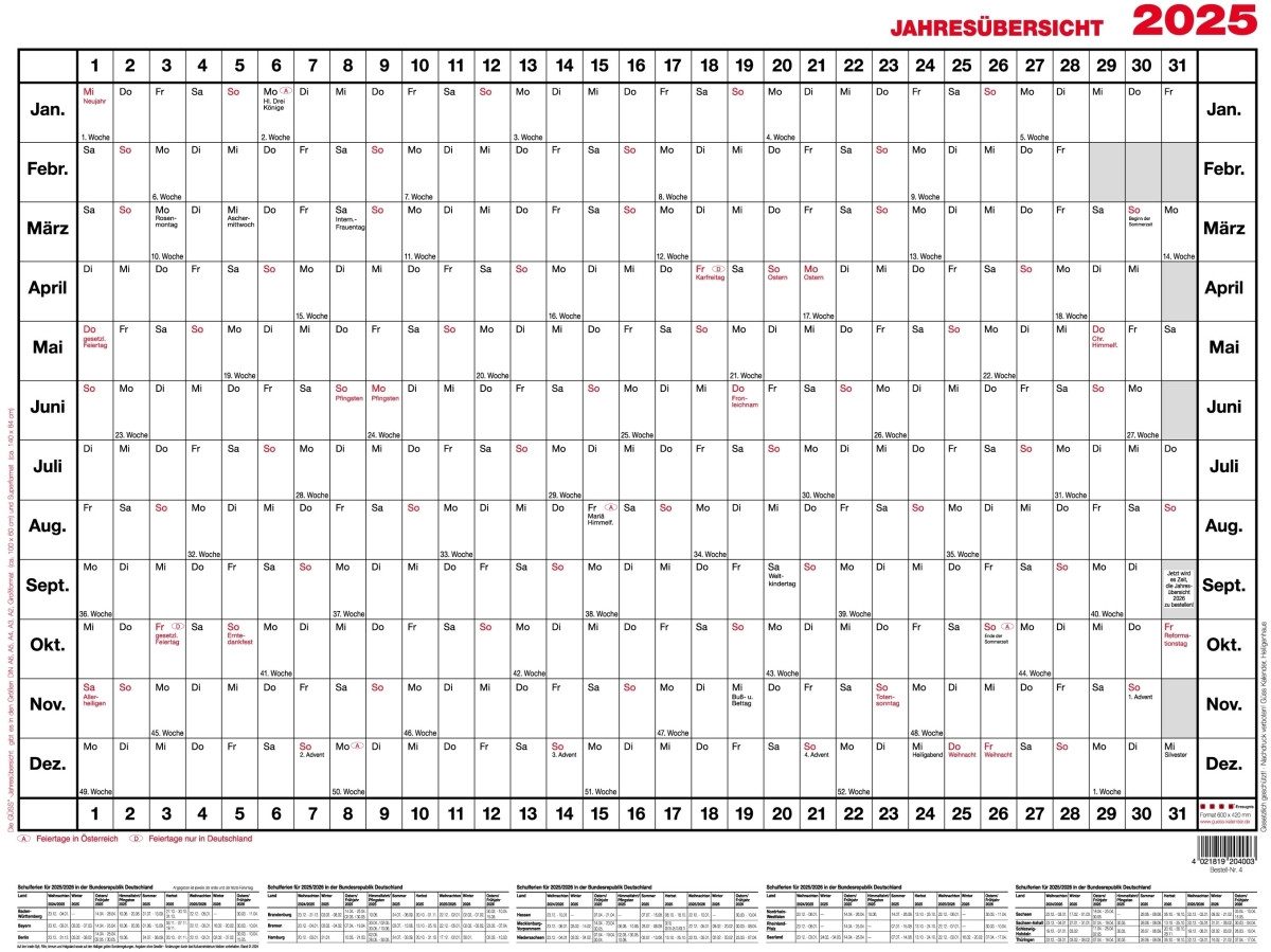 GÜSS Kalender Jahresplaner Jahresübersicht 100x60cm quer im Versandrohr Kalendarium 2026