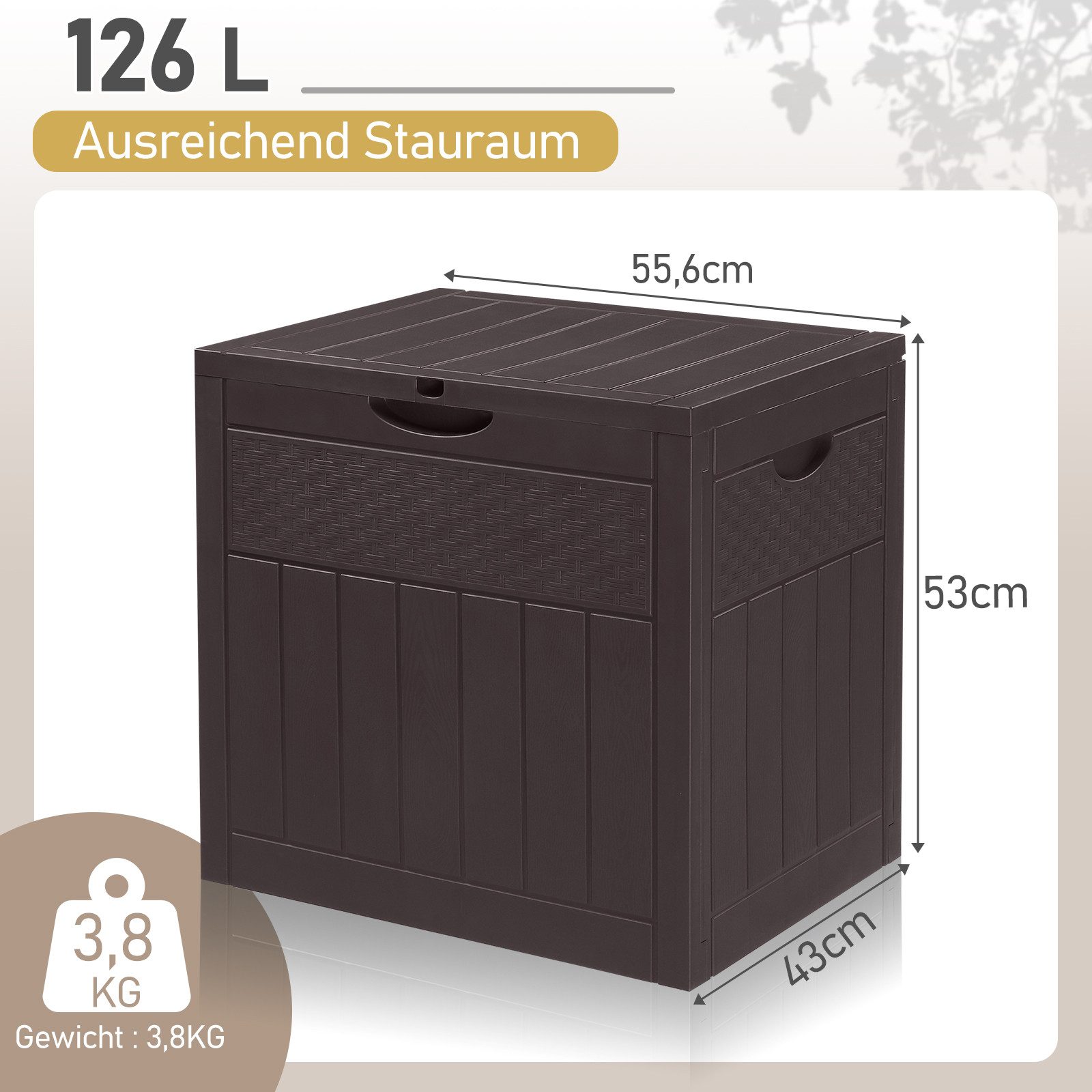 LALAHO Gartenbox Wasserdicht, 126L Kunststoff-Aufbewahrungsbox, für Garten, Terrasse, Balkon, 56x43x53 cm