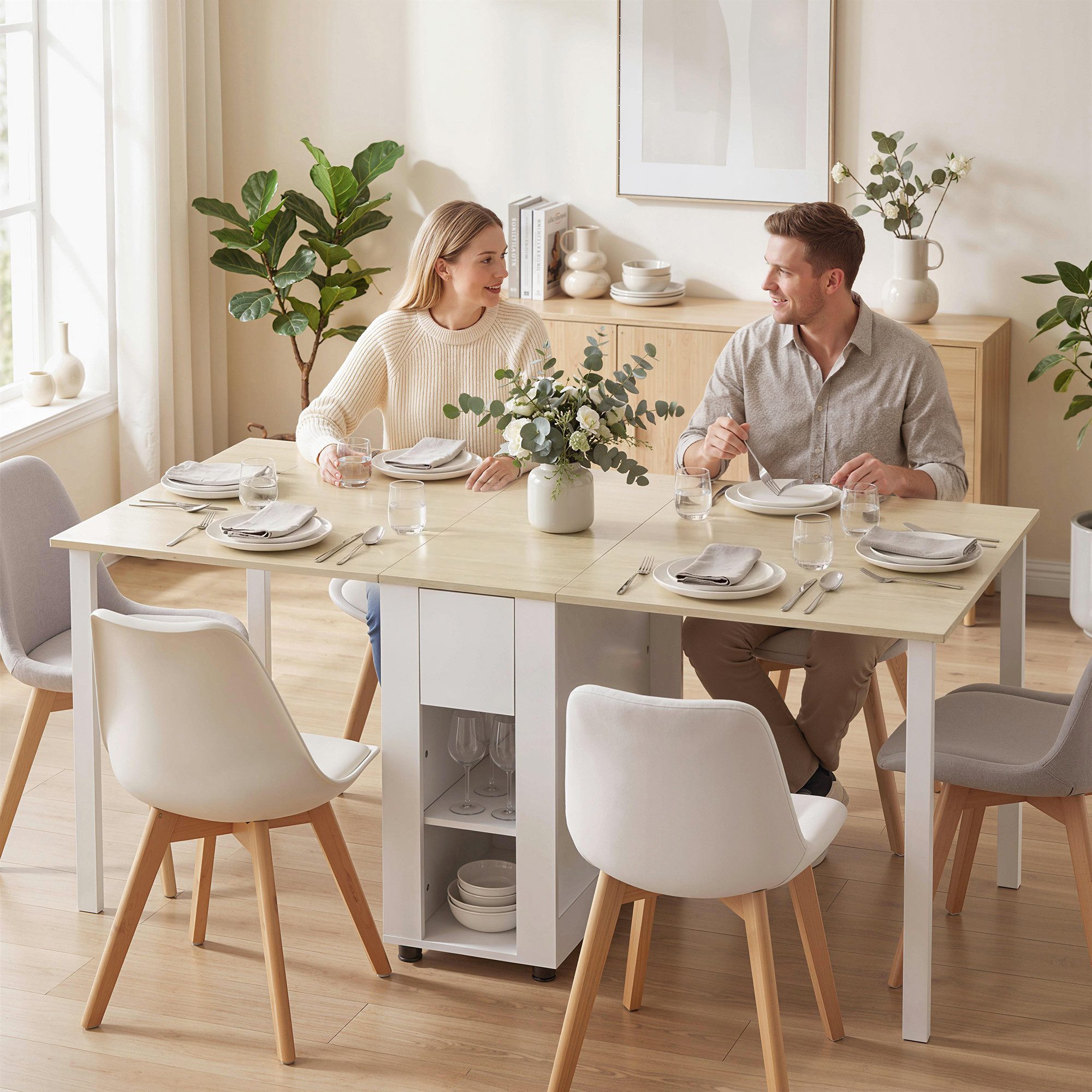 HOMCOM Klapptisch 2 Schubladen, 4 Ablagen für bis zu 6 Personen, mit Holzbeinen (Esstisch, 1-St., Küchentisch), Esszimmertisch