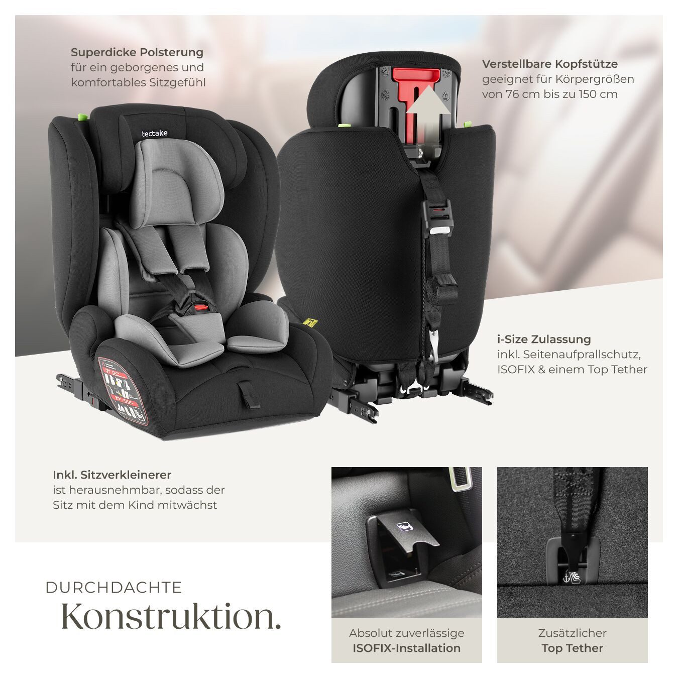 tectake Autokindersitz Sicherheitssitz, ab 15 Monaten, 76–150 cm, Belastbarkeit 36 kg, (Autositz für Kinder Emely), i-Size, ISOFIX, Top Tether, Seitenaufprallschutz