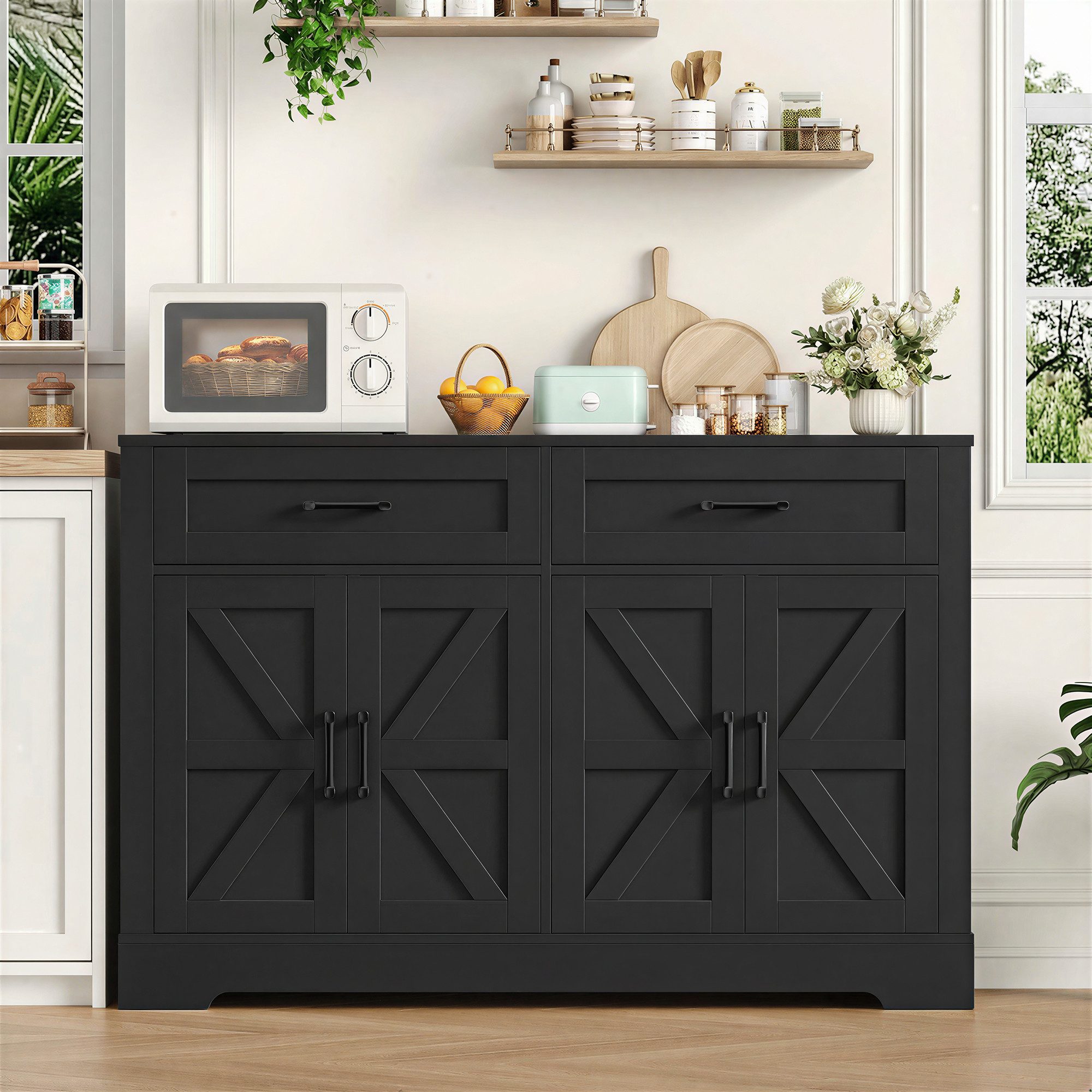 HOMECHO Buffet 120cm Küchenschrank mit 2 Schubladen 4 Türen – Bild 5 von 5