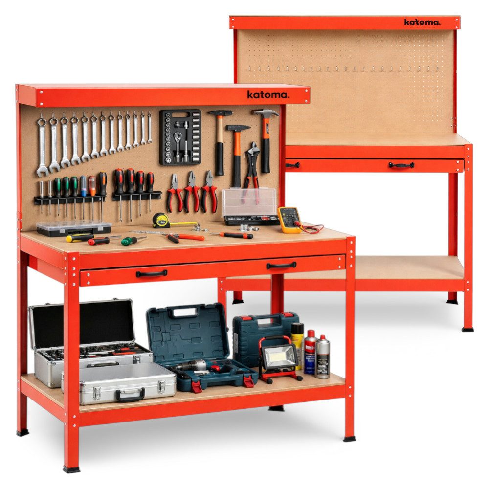 Katoma Werkbank WORK ONE Werkzeugbank 120 x 60 cm bis 200 kg, mit Lochwand, Haken und Schublade