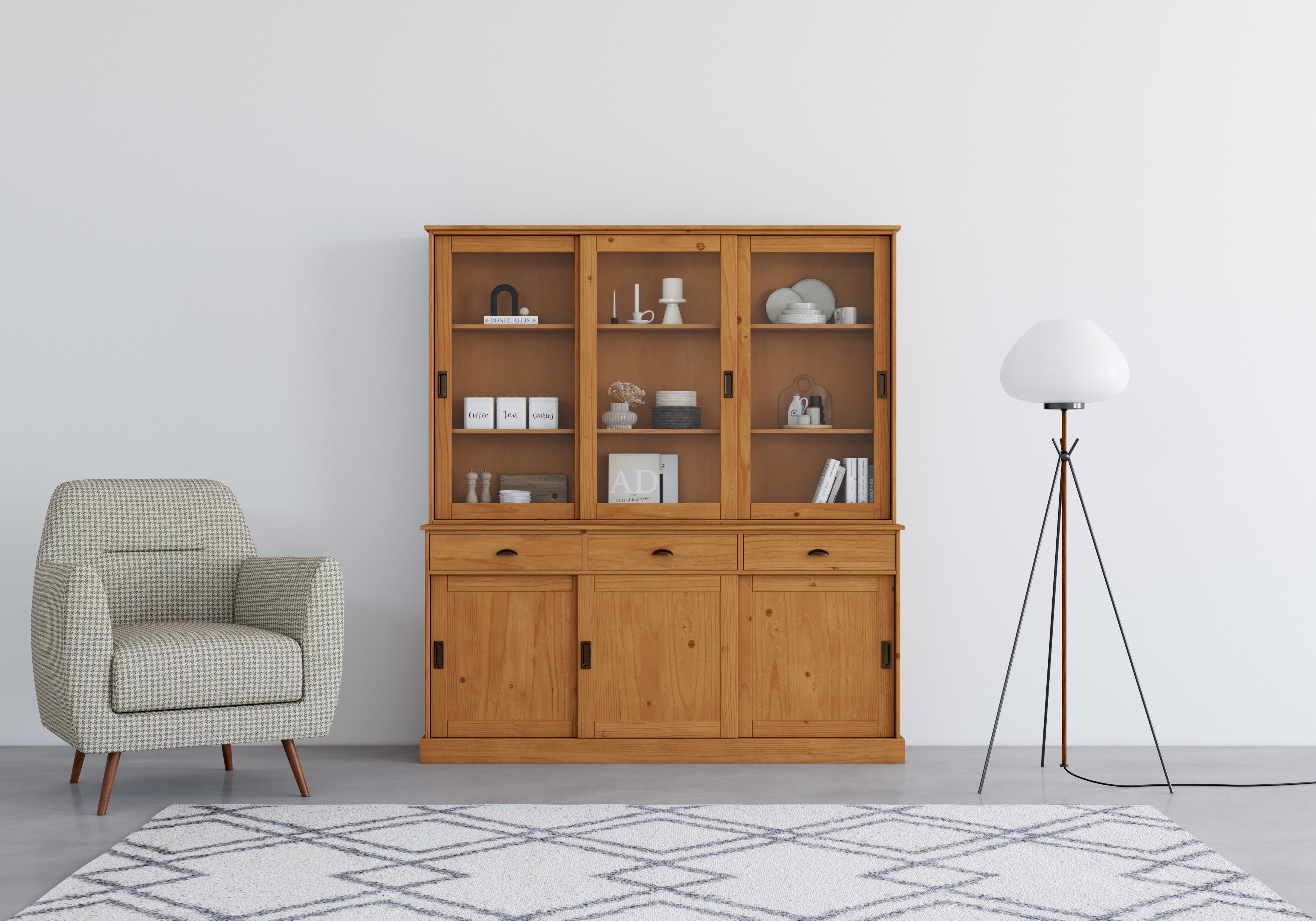 loft24 Küchenbuffet Meghan - Buffet Buffetschrank Schrank Geschirrschrank Vitrine 3 Schubladen, 3 Schiebetüren, 3 Glastüren, Kiefer, Landhausstil
