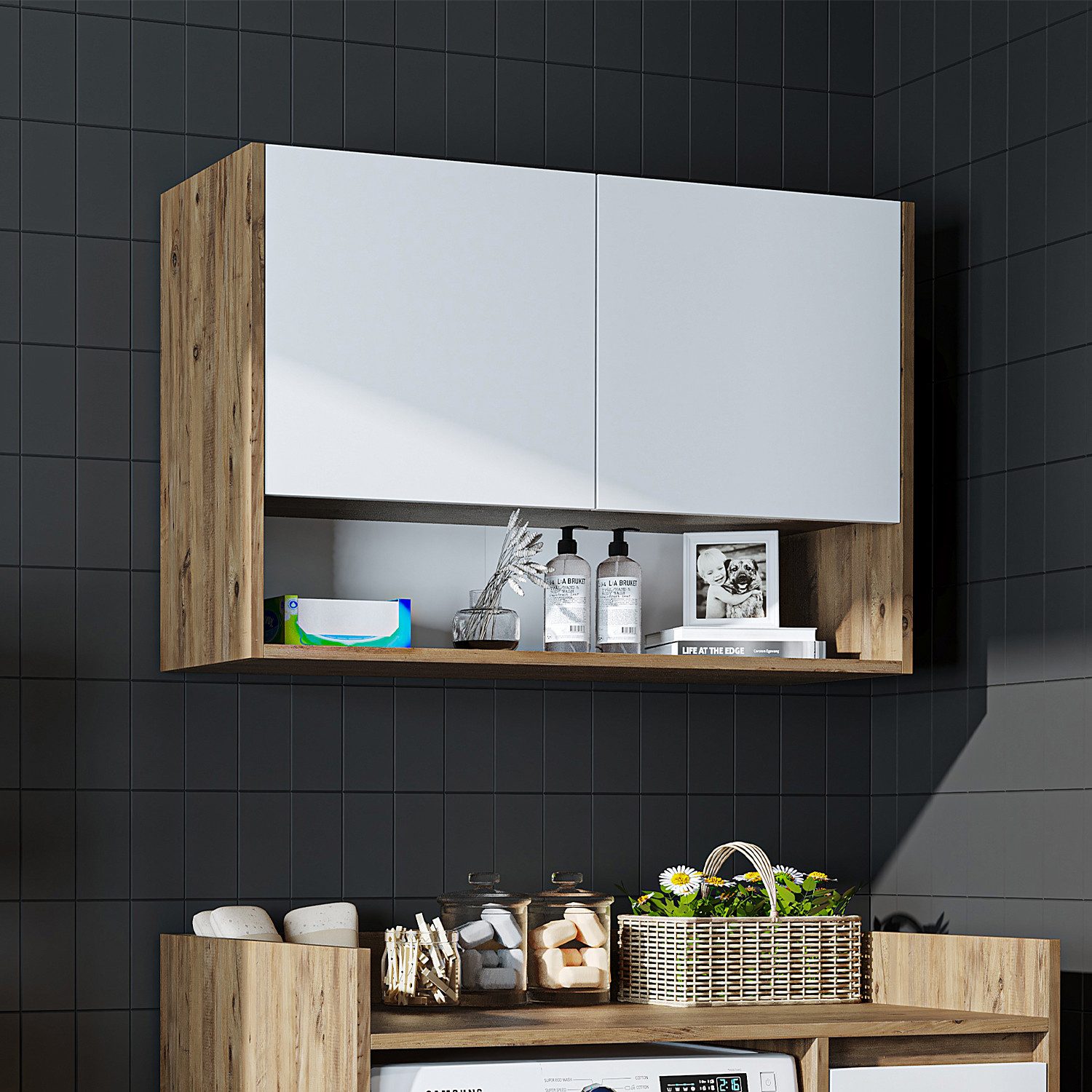Roomart Waschmaschinenumbauschrank DERIN-II 100 cm – Überbauschrank, Seitenschrank, 4 Farben, Soft-Close (Set) Umbauschrank mit Seitenschrank, Wandüberbau, Soft-Close