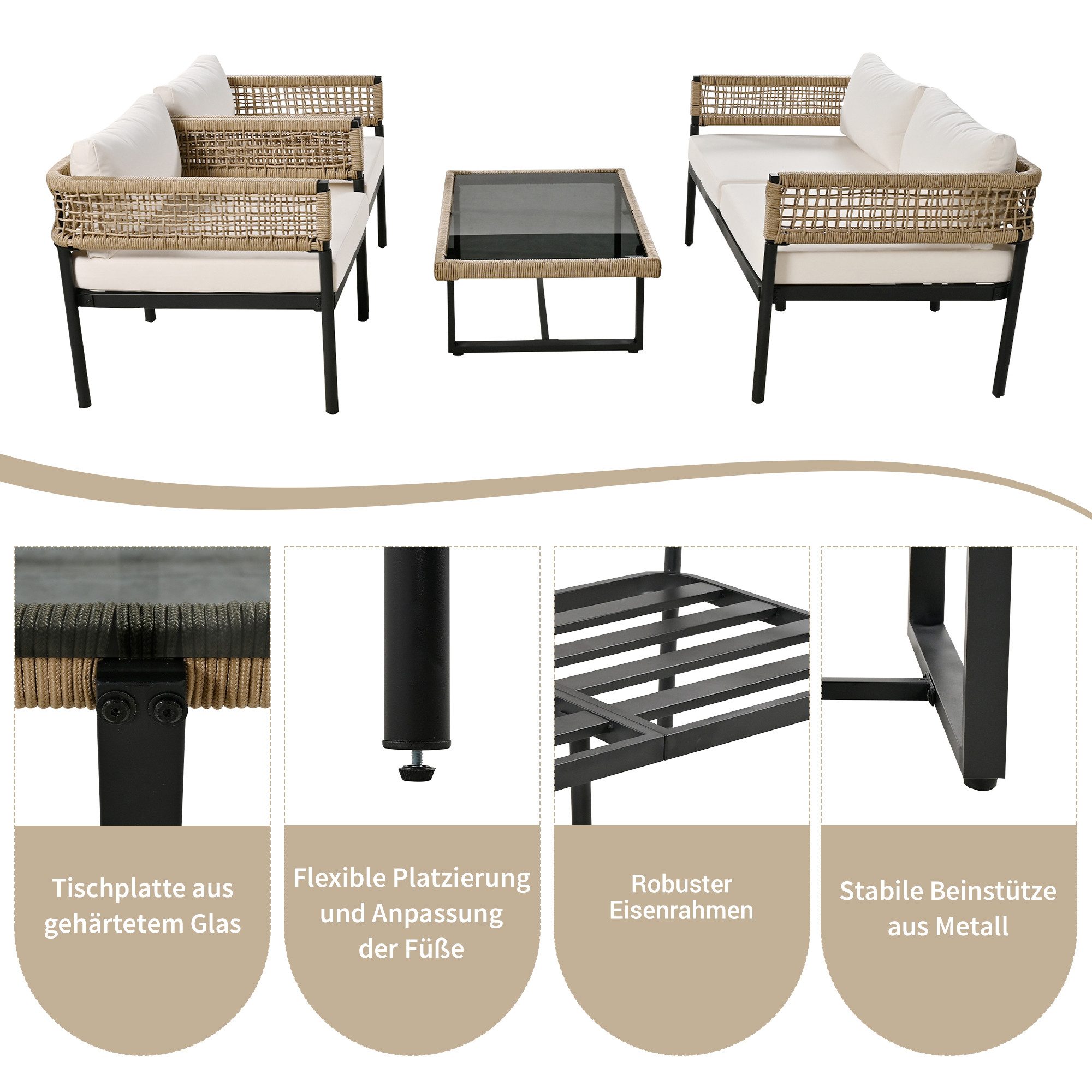 i@home Gartenlounge-Set, (4-tlg., inklusive aller Sitz- und Rückenkissen), Gartenmöbel-Set aus beiges Seil,inklusive aller Sitz- und Rückenkissen