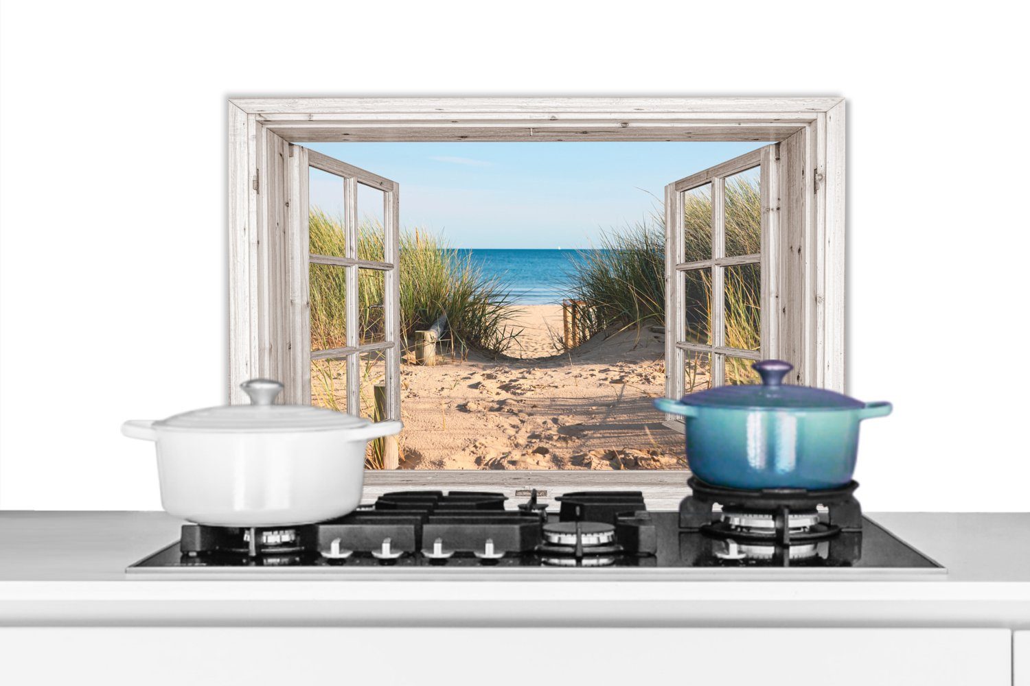 MuchoWow Küchenrückwand Durchblick - Dünen cm, - küchen Sand 60x40 Wasser - aus Wandschutz, - (1-tlg), Herdblende - - Temperaturbeständig Hochgras, Strand Meer