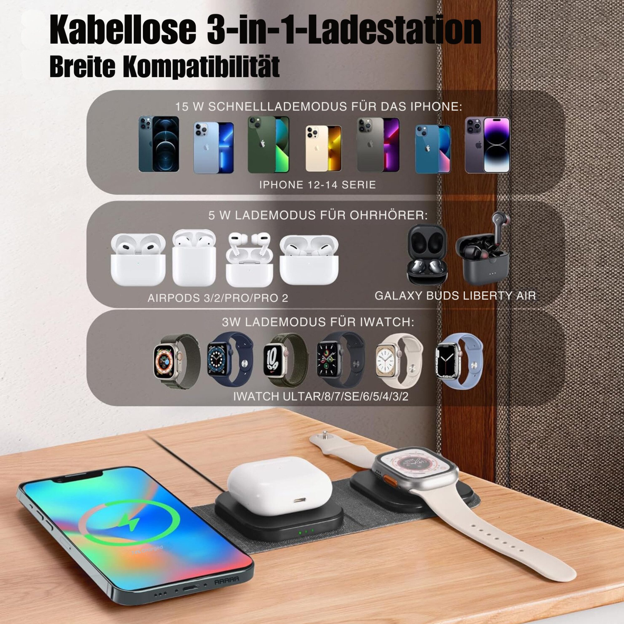Vivitar Mag-Safe Ladegerät 3-in-1 kabelloses Ladegerät mit USB C & 15W Adapter Induktions-Ladegerät (faltbarer Wechsler für iphone, android, iWatch, airpods, Universelles, schnelles und sicheres Ladegerät für unterwegs)